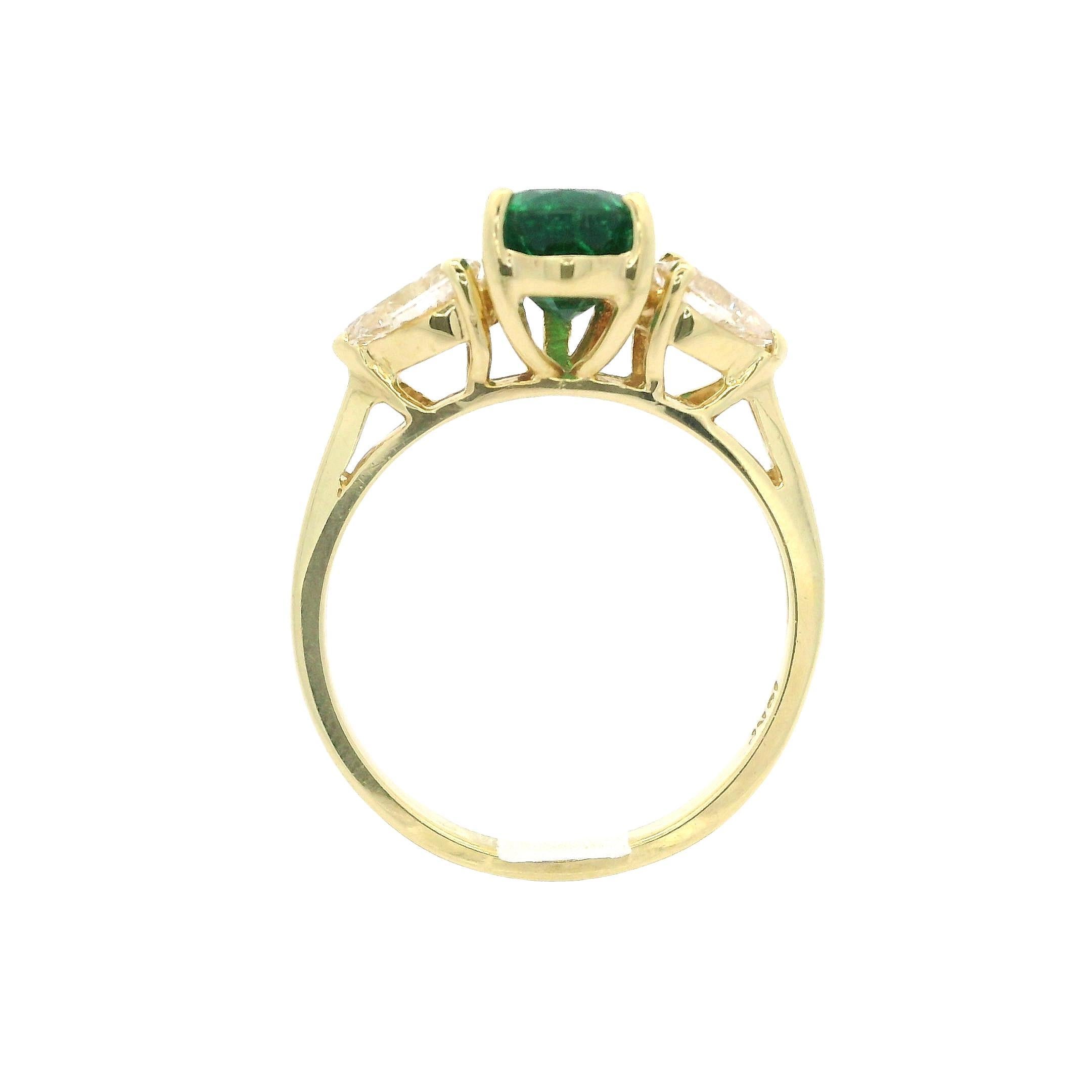 Timeless Elegant 18k Yellow Gold GIA 2.10ctw Pear Cut Emerald & Diamond Ring For Sale 4