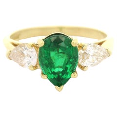 Timeless Elegant 18k Yellow Gold GIA 2.10ctw Pear Cut Emerald & Diamond Ring