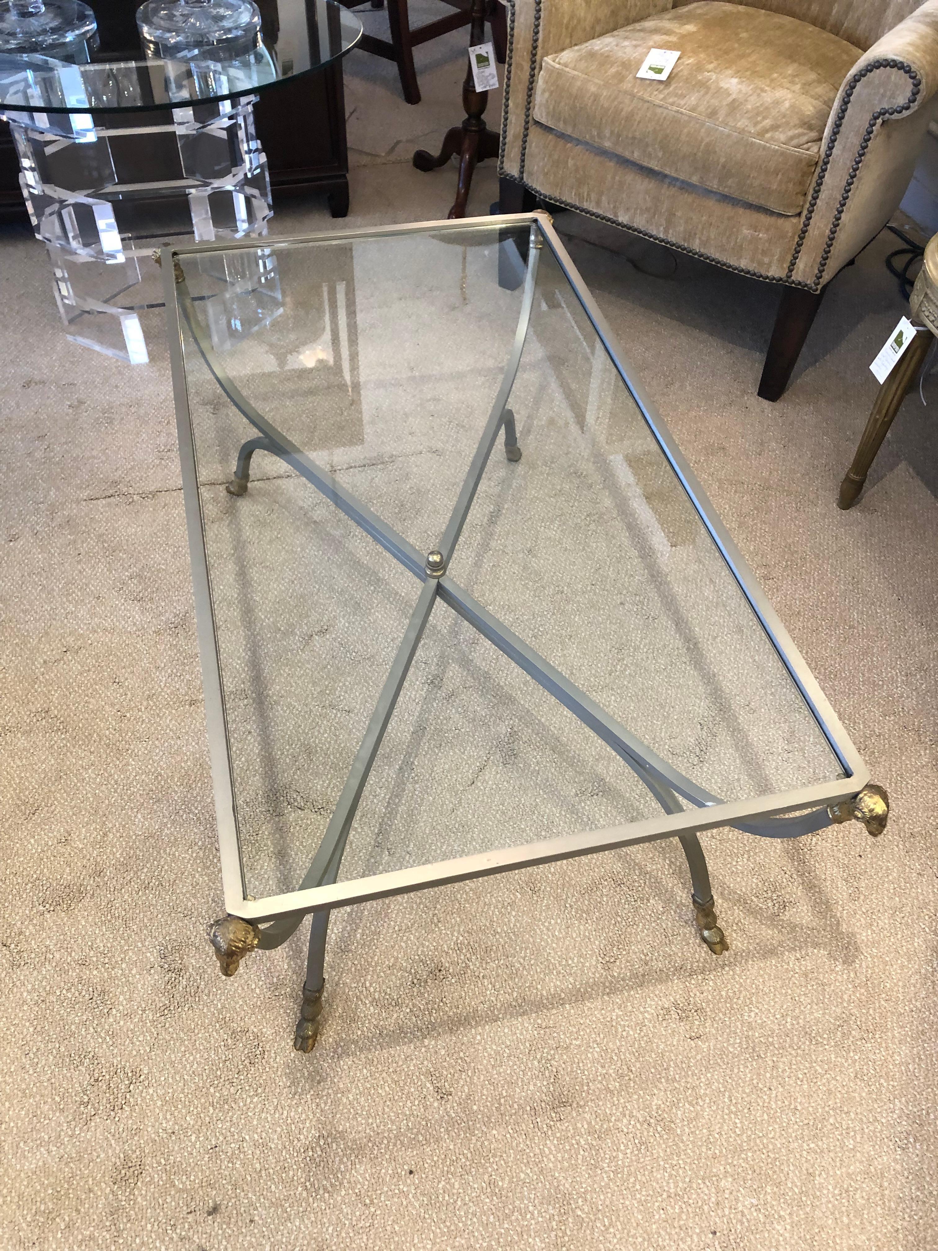 Late 20th Century Vintage Maison Jansen Style Steel Brass and Glass Coffee Table