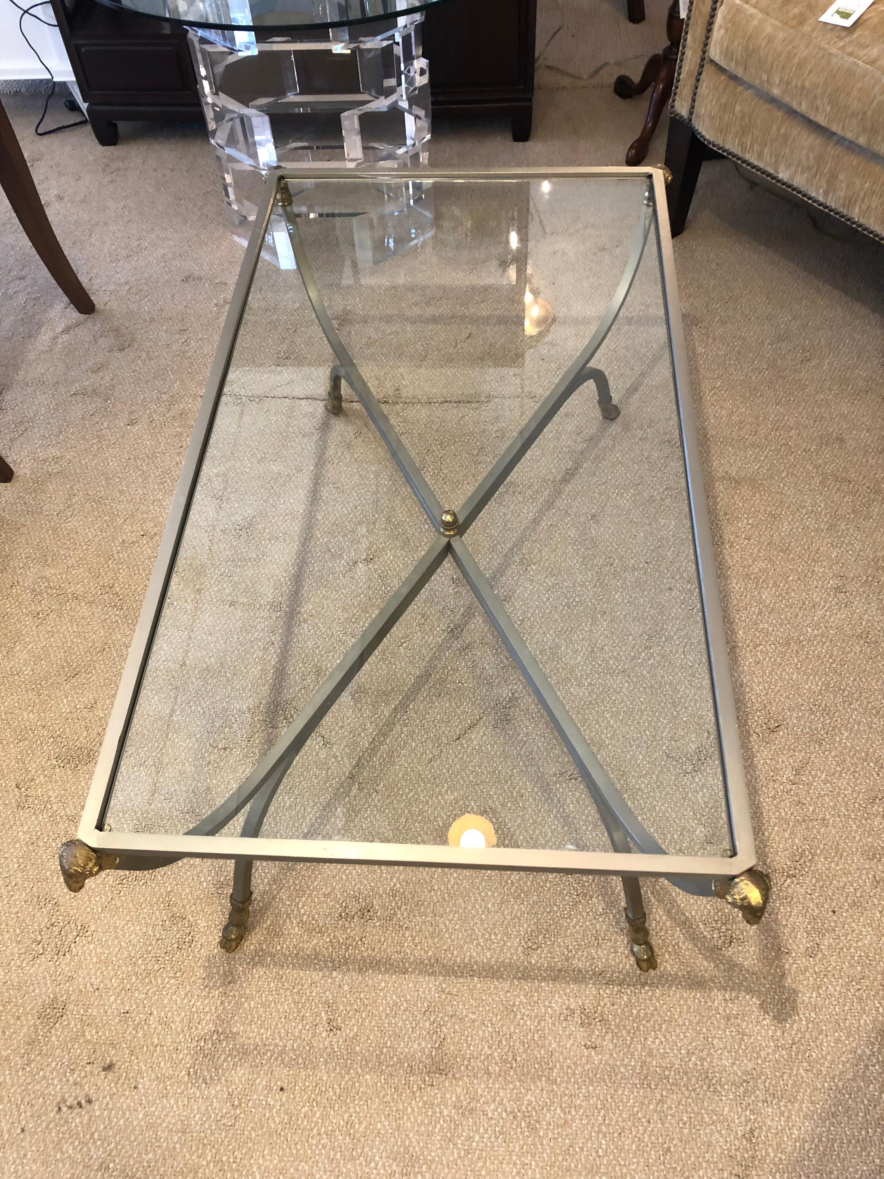 Vintage Maison Jansen Style Steel Brass and Glass Coffee Table 3