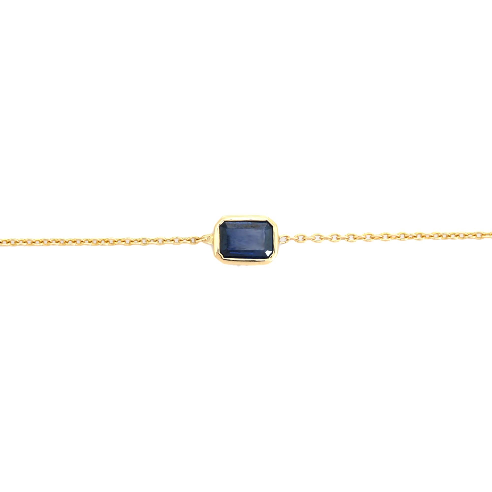 Atemporal Pulsera de cadena de zafiro azul talla esmeralda en joyería de oro amarillo de 14 quilates Corte octogonal en venta