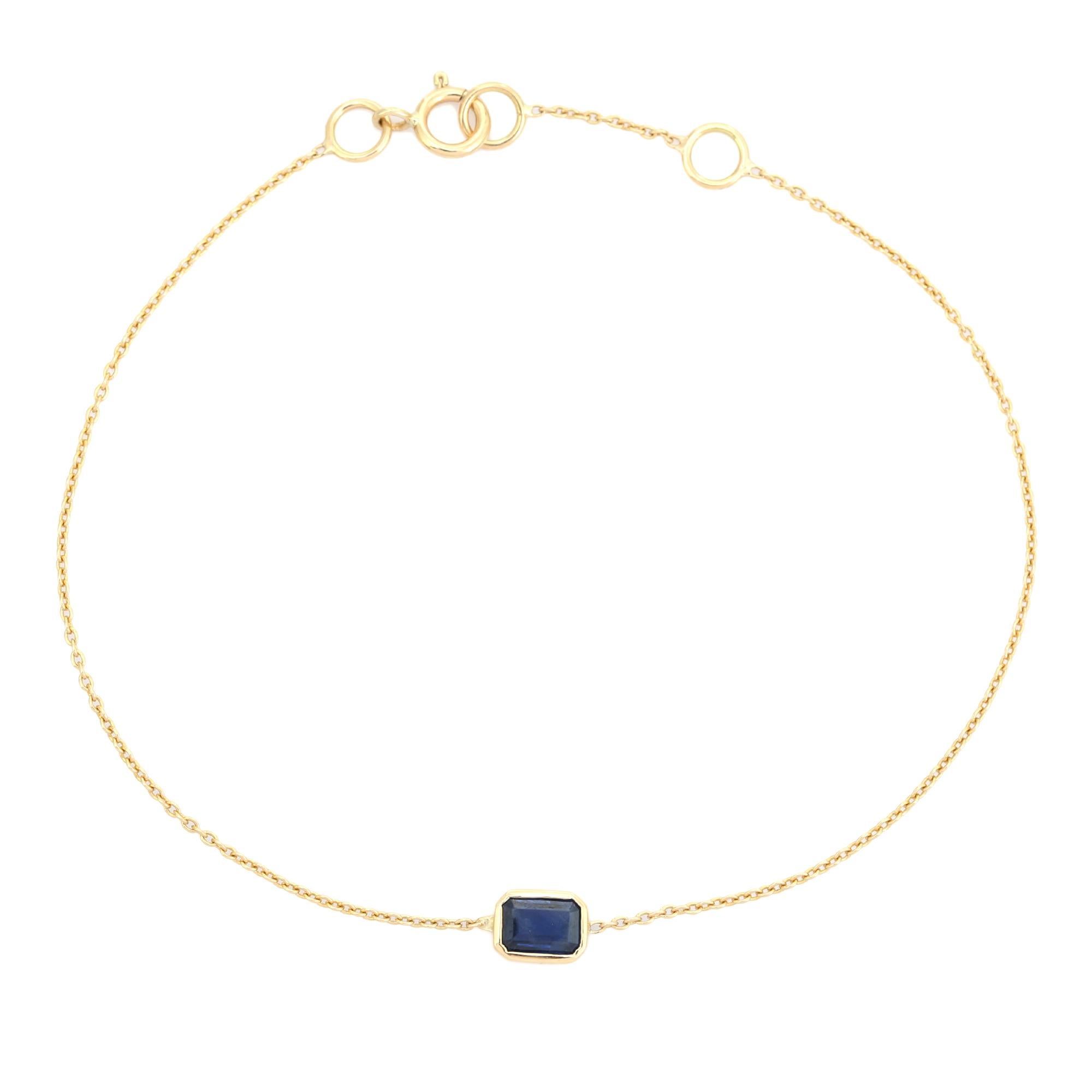 Atemporal Pulsera de cadena de zafiro azul talla esmeralda en joyería de oro amarillo de 14 quilates en venta 3