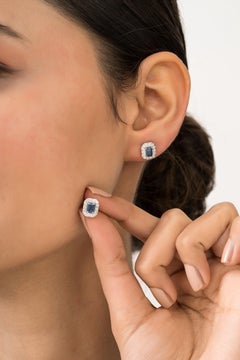 Timeless Emerald-Cut Blue Sapphire & Diamond Halo Stud Earrings 14K White Gold