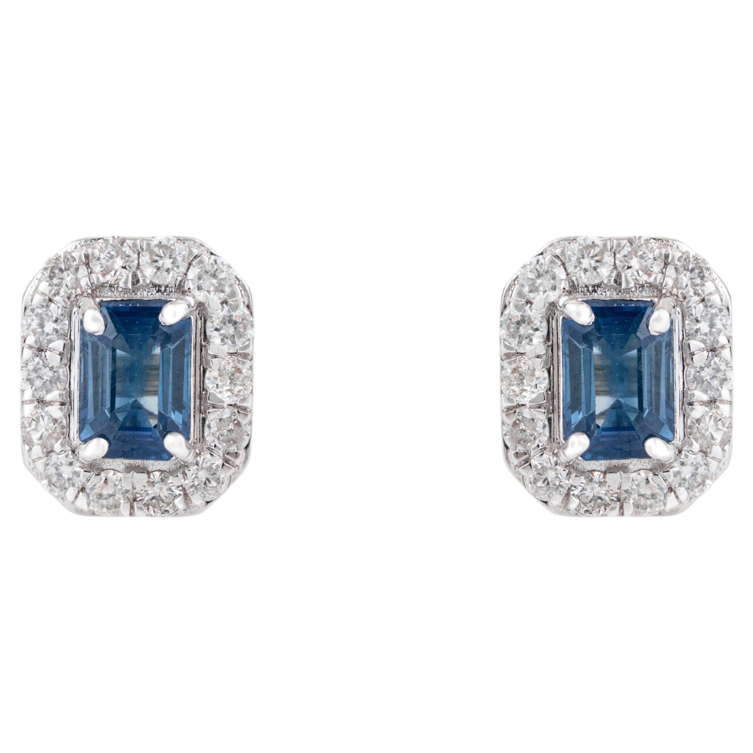 Timeless Emerald-Cut Blue Sapphire & Diamond Halo Stud Earrings 14K White Gold For Sale