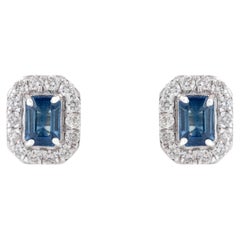 Timeless Emerald-Cut Blue Sapphire & Diamond Halo Stud Earrings 14K White Gold