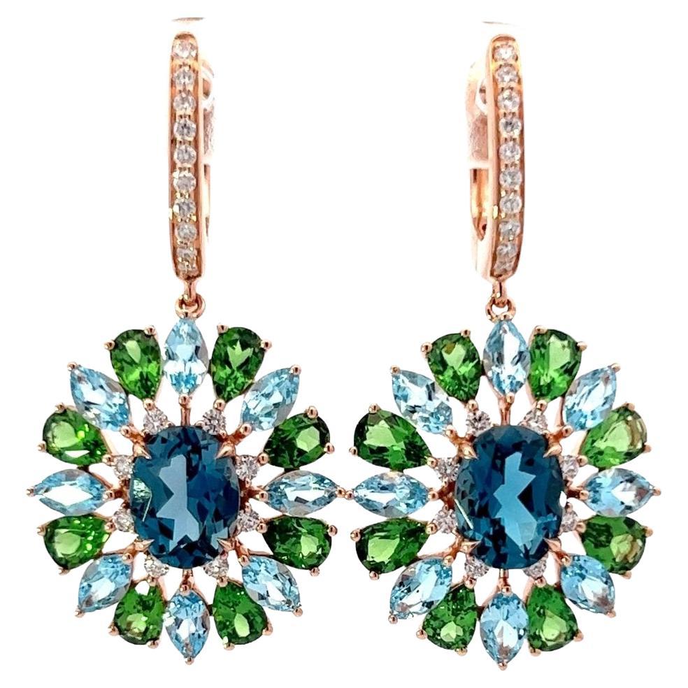 Pendientes exclusivos Esmeraldas atemporales Topacio azul Diamante Oro rosa de 18 quilates