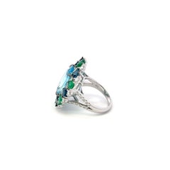Timeless Emeralds Blue Topaz Diamond 18K White Gold Exclusive Ring Large