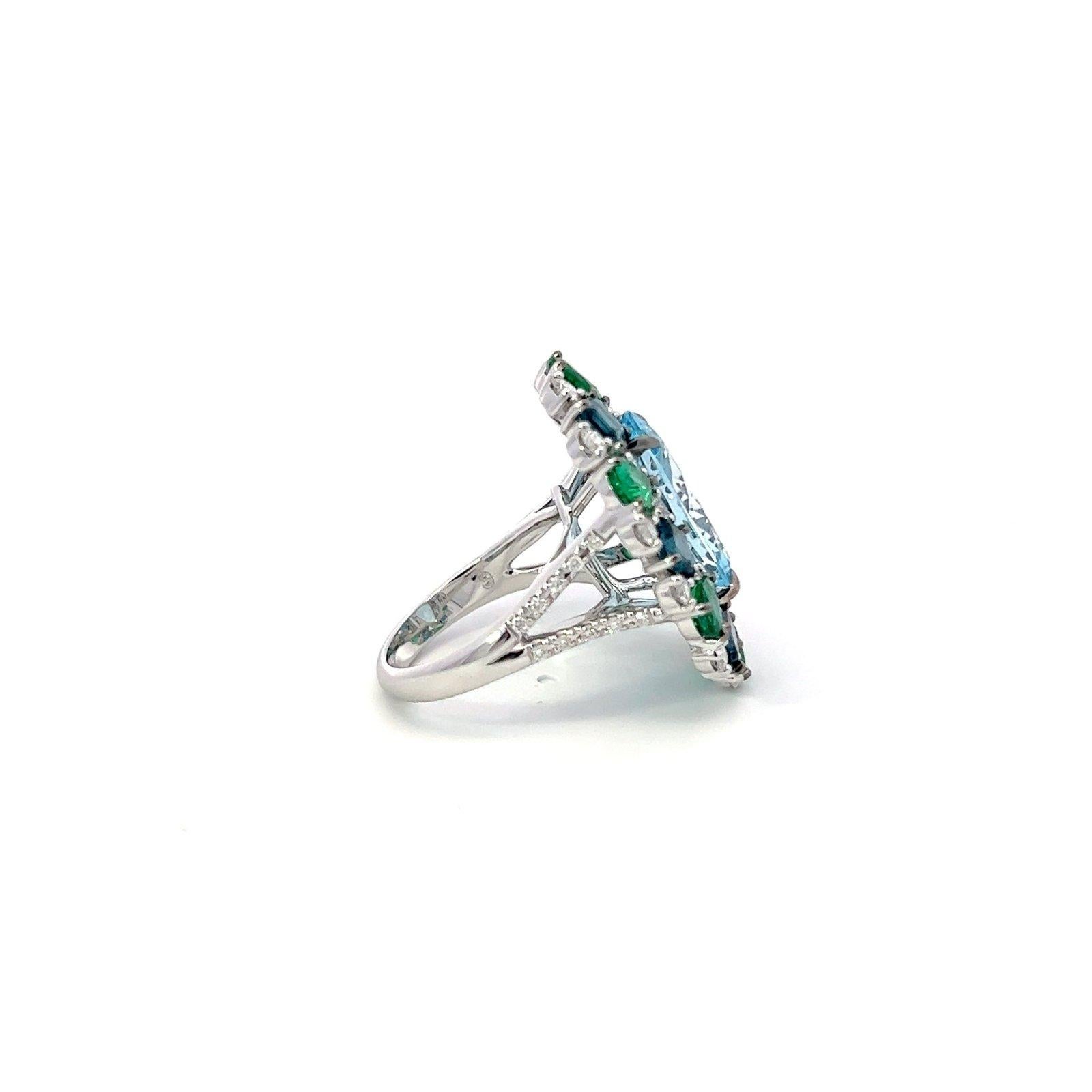 Timeless Smaragde Blau Topas Diamant 18K Weißgold Exklusiv Ring Groß im Zustand „Neu“ im Angebot in Genève, GE