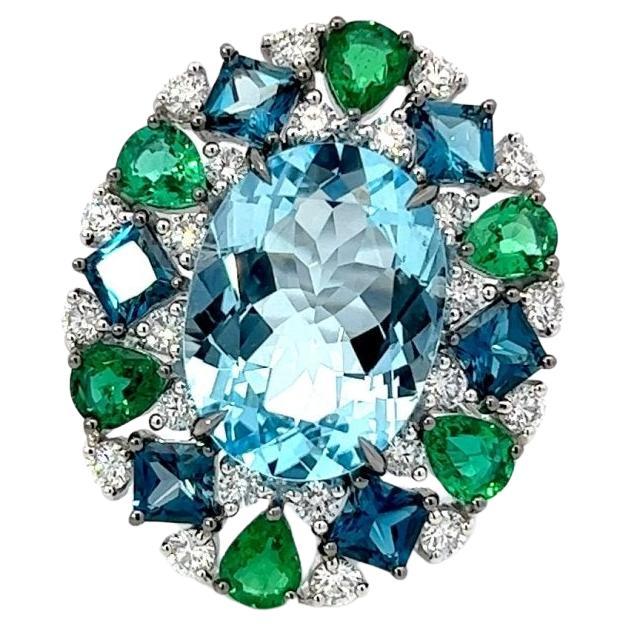 Timeless Emeralds Blue Topaz Diamond 18K White Gold Exclusive Ring Large