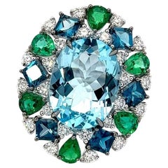 Timeless Emeralds Blue Topaz Diamond 18K White Gold Exclusive Ring Large