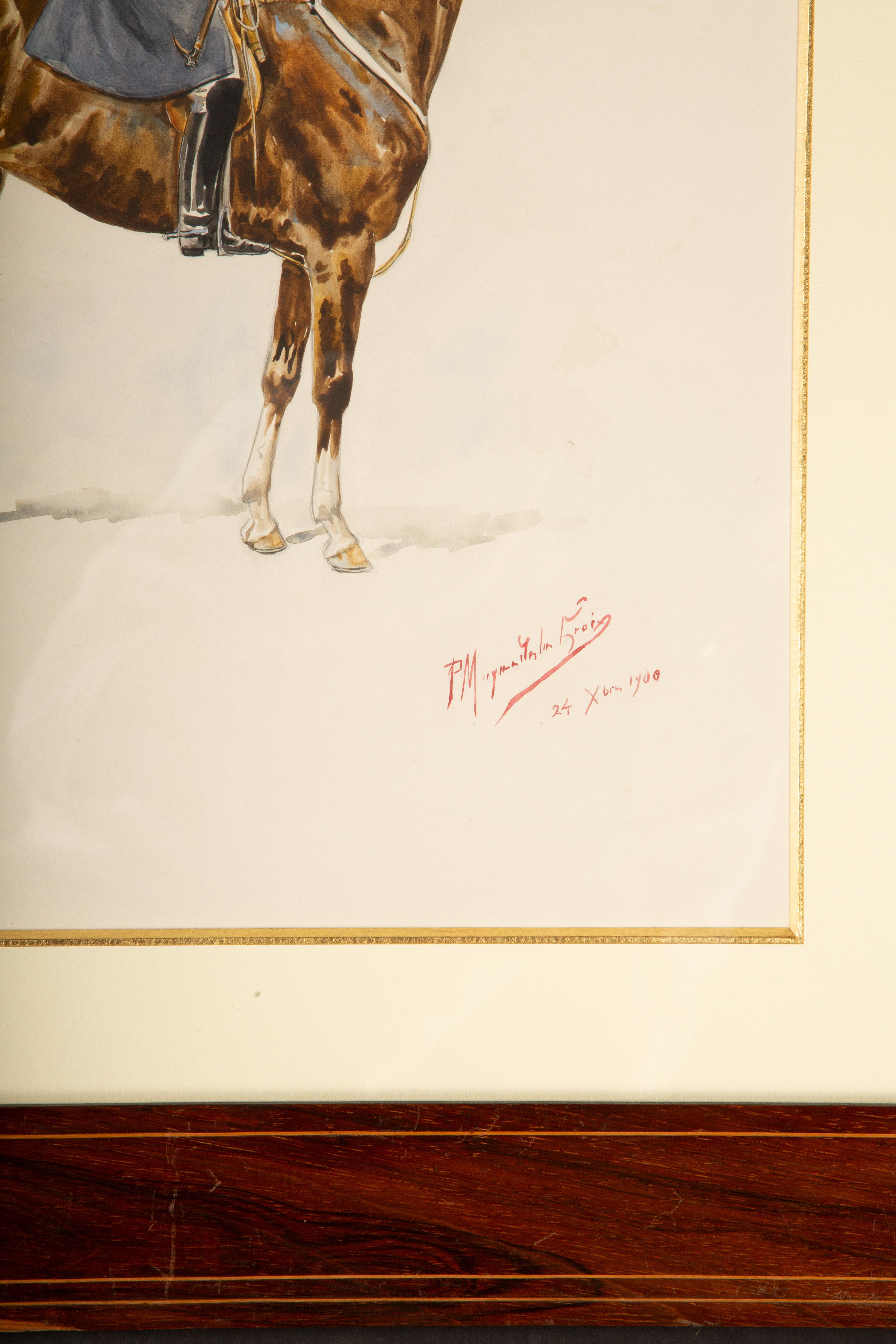 French Timeless Equestrian Elegance: Paul Magne De La Croix's 1900 Watercolor  For Sale