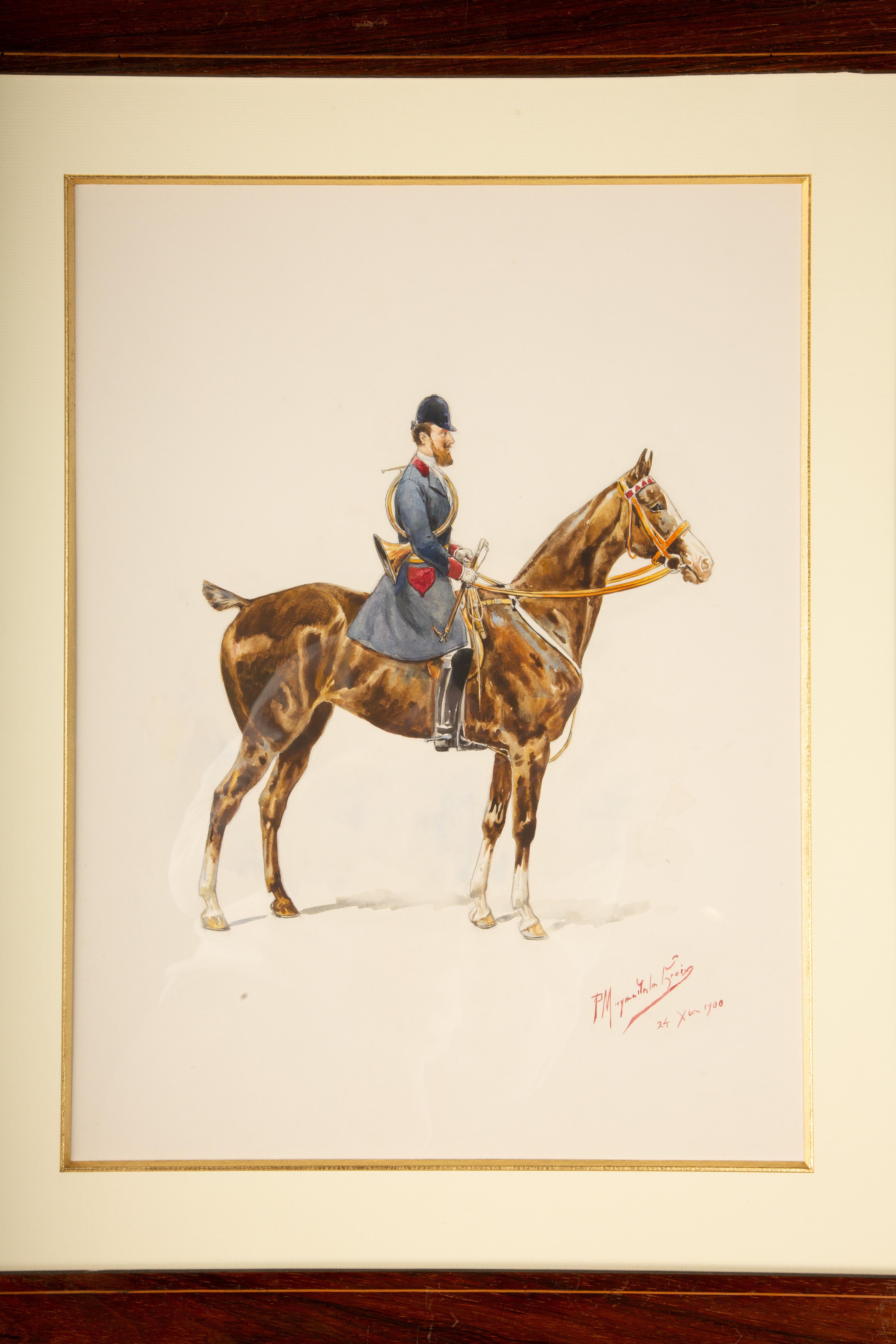 Timeless Equestrian Elegance: Paul Magne De La Croix's 1900 Watercolor  In Excellent Condition For Sale In New York, NY