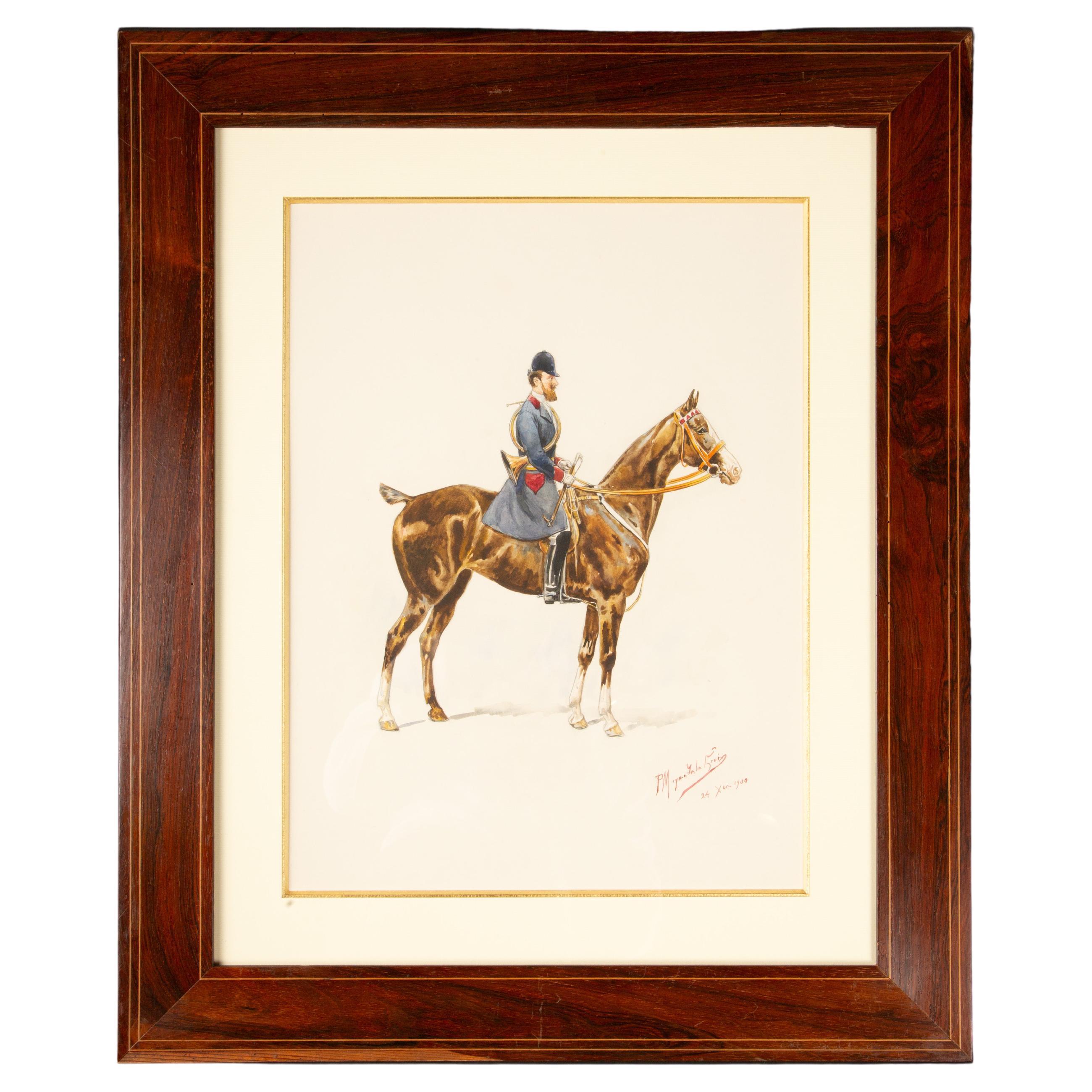 Timeless Equestrian Elegance: Paul Magne De La Croix's 1900 Watercolor  For Sale