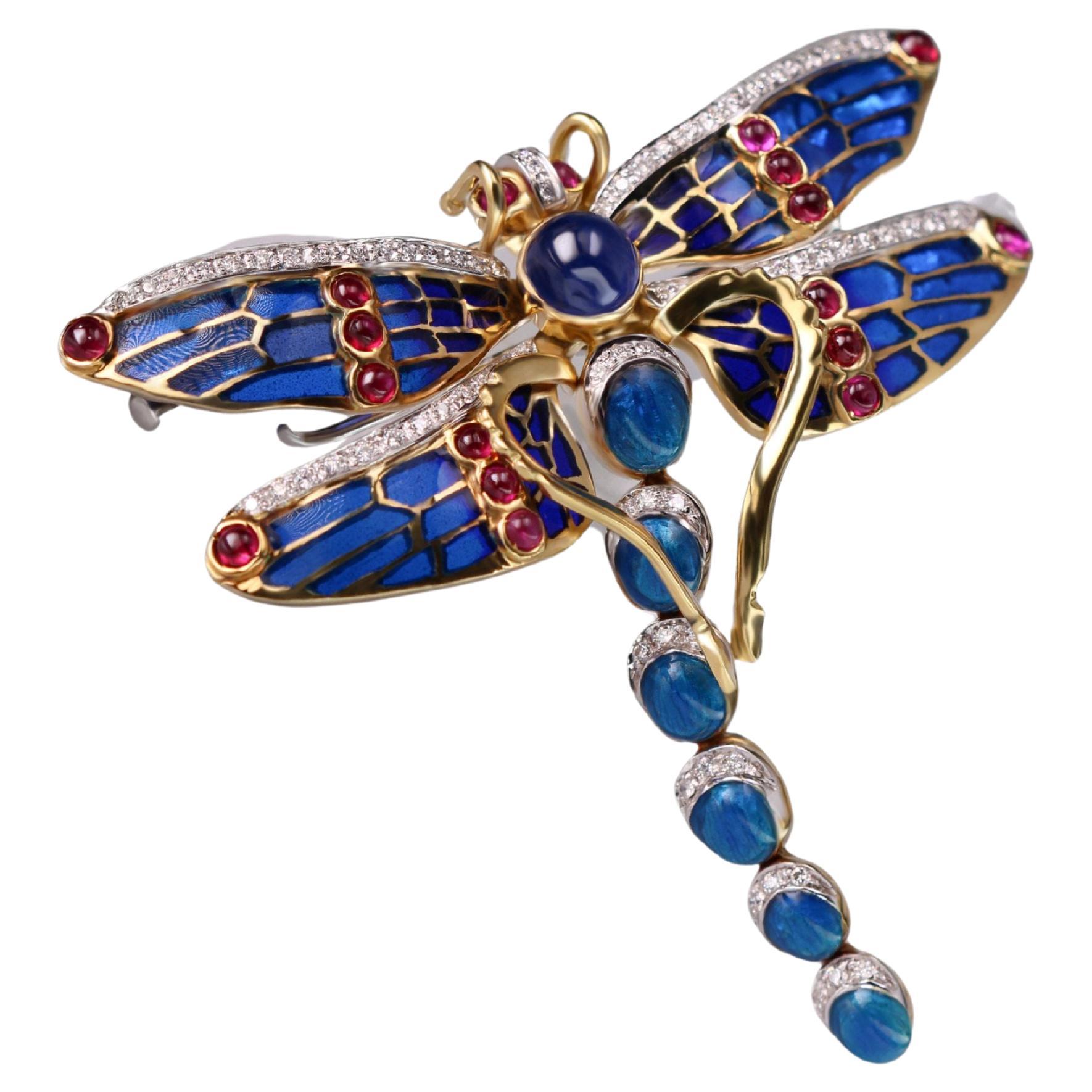 Timeless Flight: Handcrafted 18kt Gold Dragonfly Brooch with Precious Gems For Sale