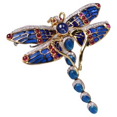 Timeless Flight: Handcrafted 18kt Gold Dragonfly Brooch with Precious Gems