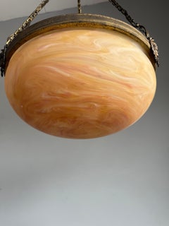 Timeless French Antique Pendant Light w. Gilt Goddess Masks & Amber Swirl Glass