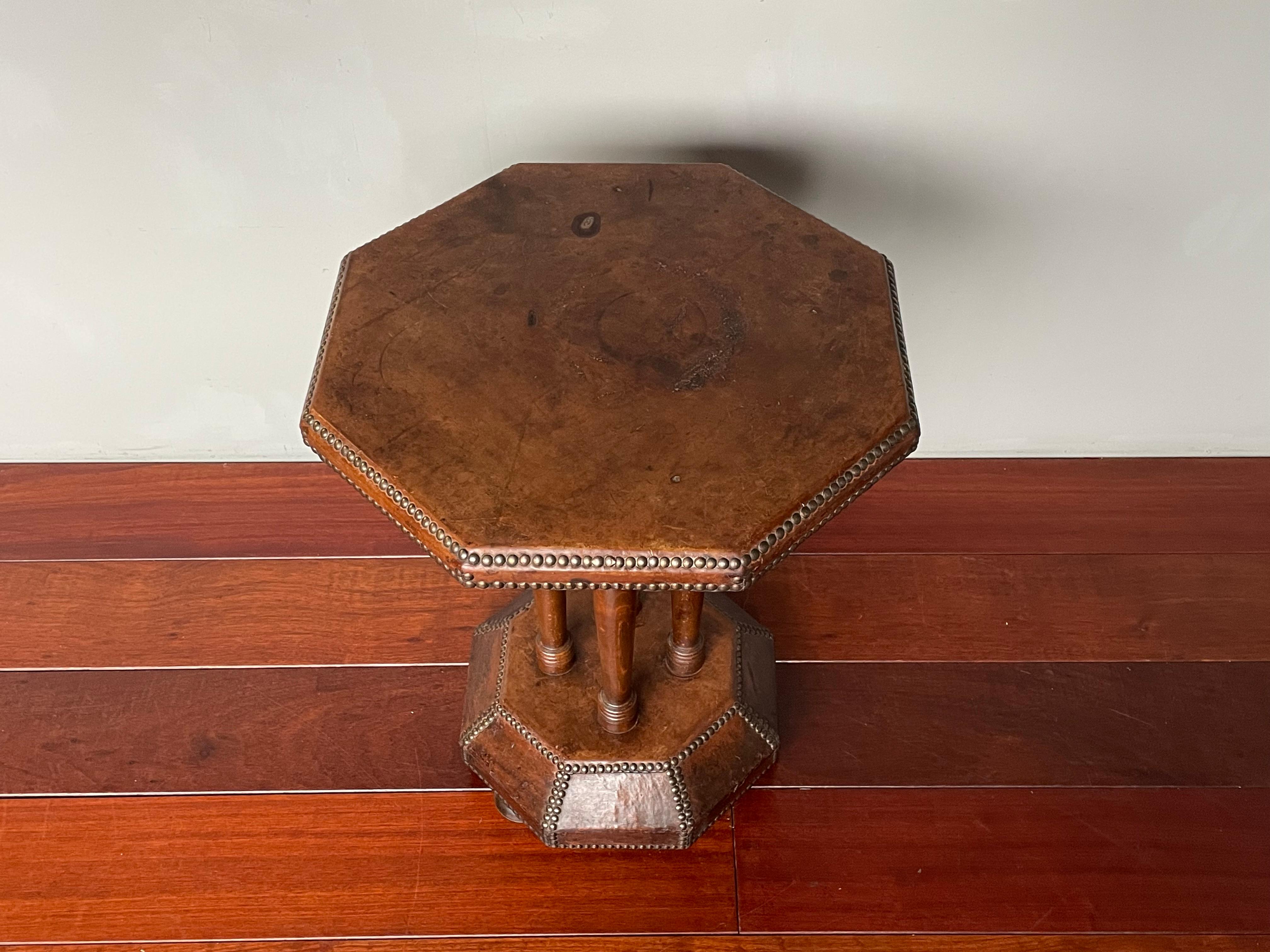 Brass Timeless & Handmade Art Deco Wood & Leather Occasional / Drinks Table, England