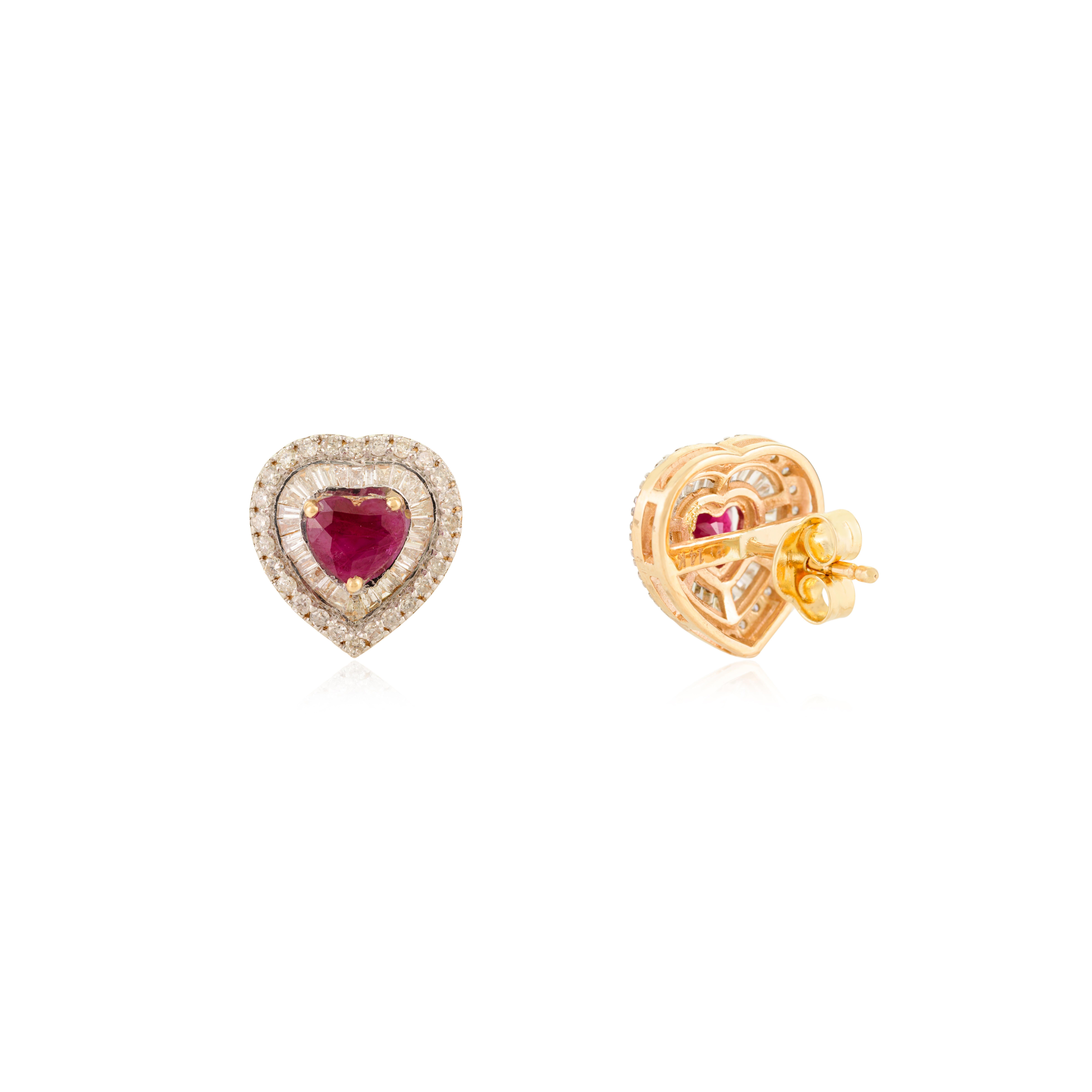 Timeless Heart Shaped Ruby & Diamond Halo Stud Earrings Made in 14k Yellow Gold Neuf - En vente à New York, NY