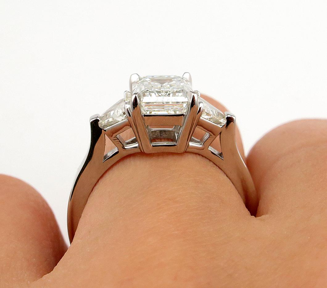Timeless I VS2 GIA 2.62ct Emerald Cut Diamond 3 Stone Engagement Platinum Ring 5