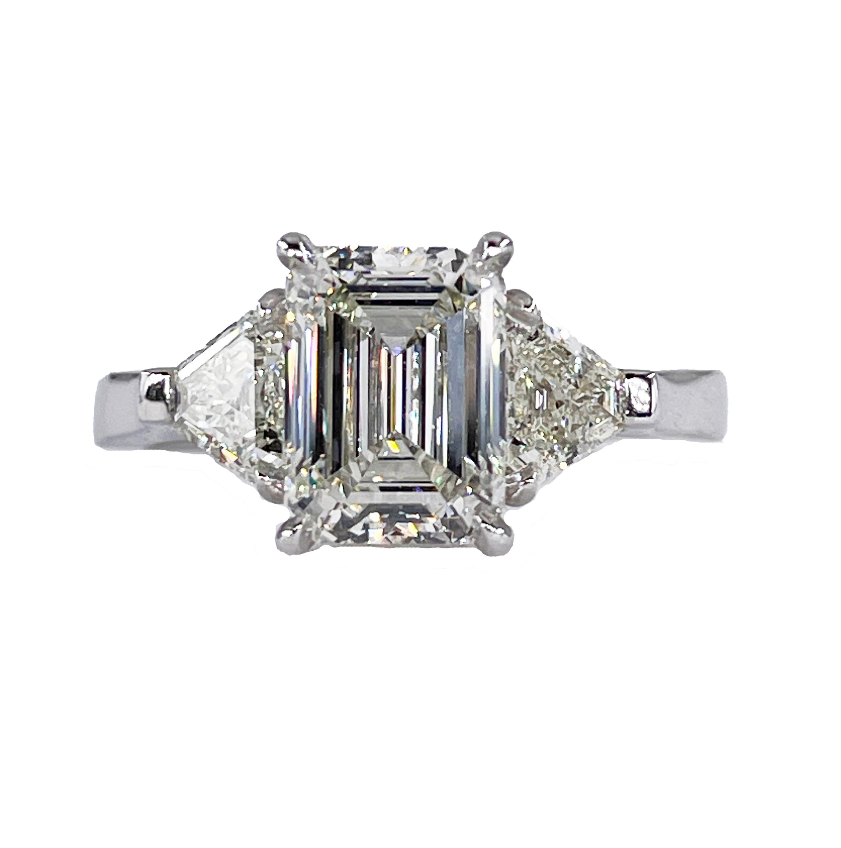 Timeless I VS2 GIA 2.62ct Emerald Cut Diamond 3 Stone Engagement Platinum Ring