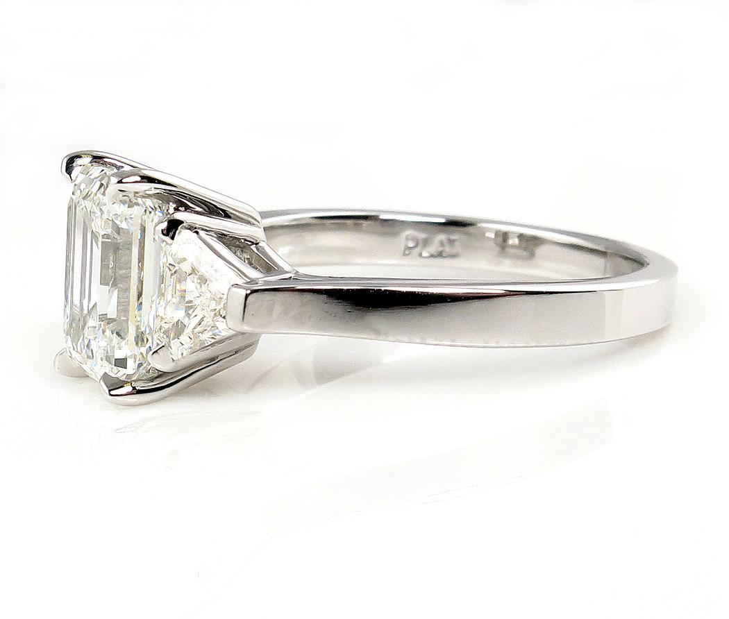 Modern Timeless I VS2 GIA 2.62ct Emerald Cut Diamond 3 Stone Engagement Platinum Ring