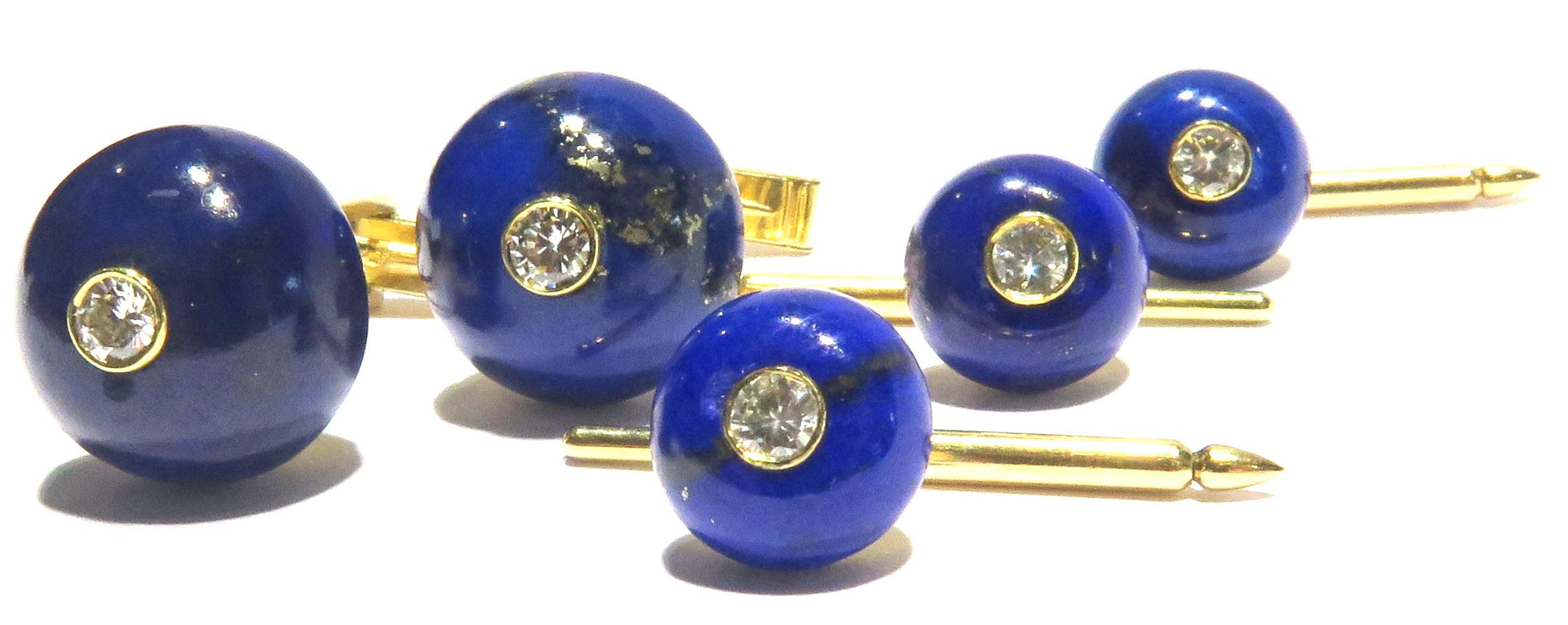 Men's Timeless Julius Cohen Lapis Diamond 18 Karat Gold Cufflinks and Stud Set For Sale