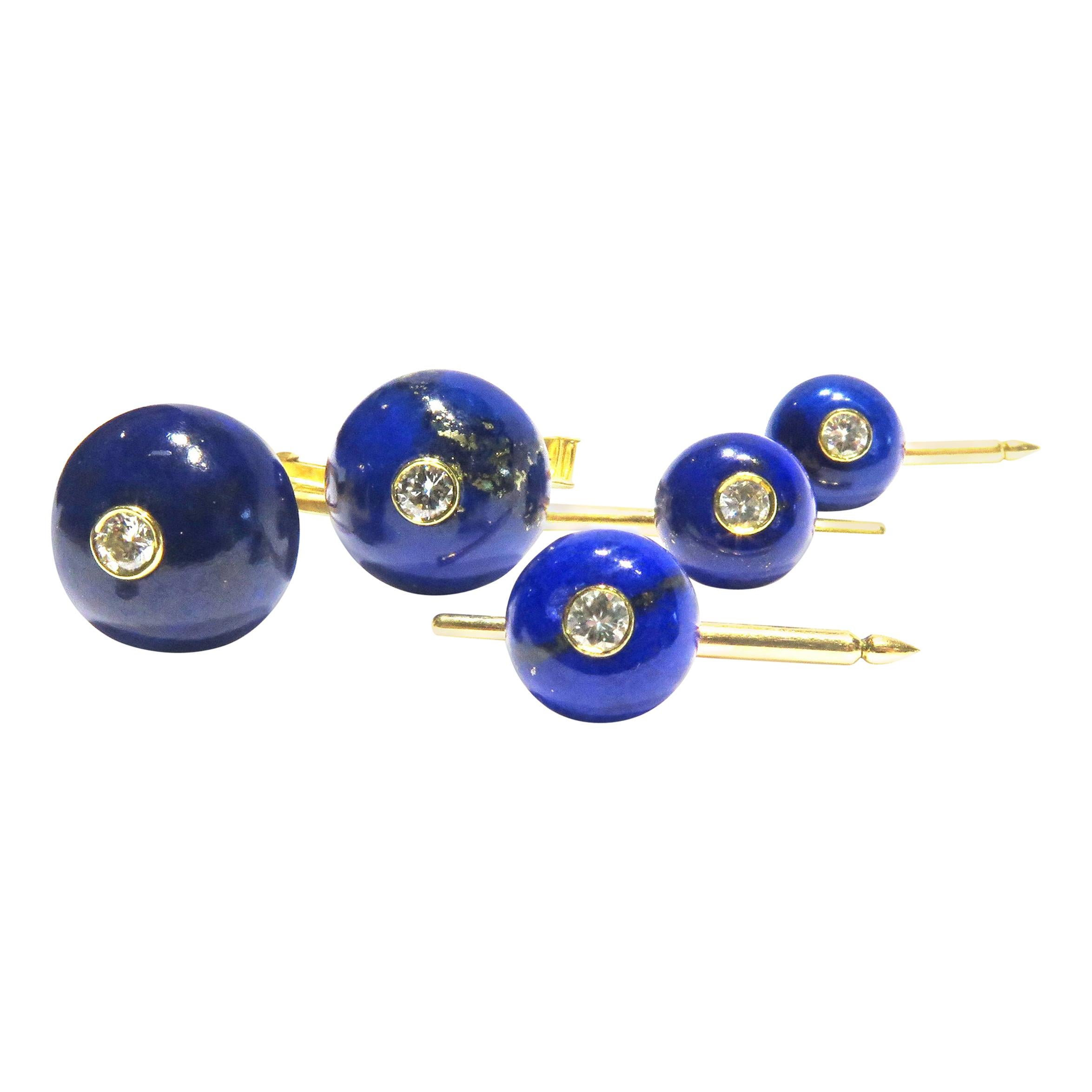 Timeless Julius Cohen Lapis Diamond 18 Karat Gold Cufflinks and Stud Set For Sale