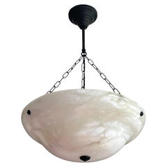 Timeless & Large Art Deco Style Alabaster & Brass Pendant Light, Midcentury Made