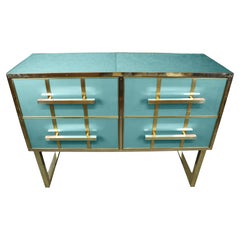 Timeless Luxury: Azure Murano Glass & Brass Chest of Drawers from Italy Availabl