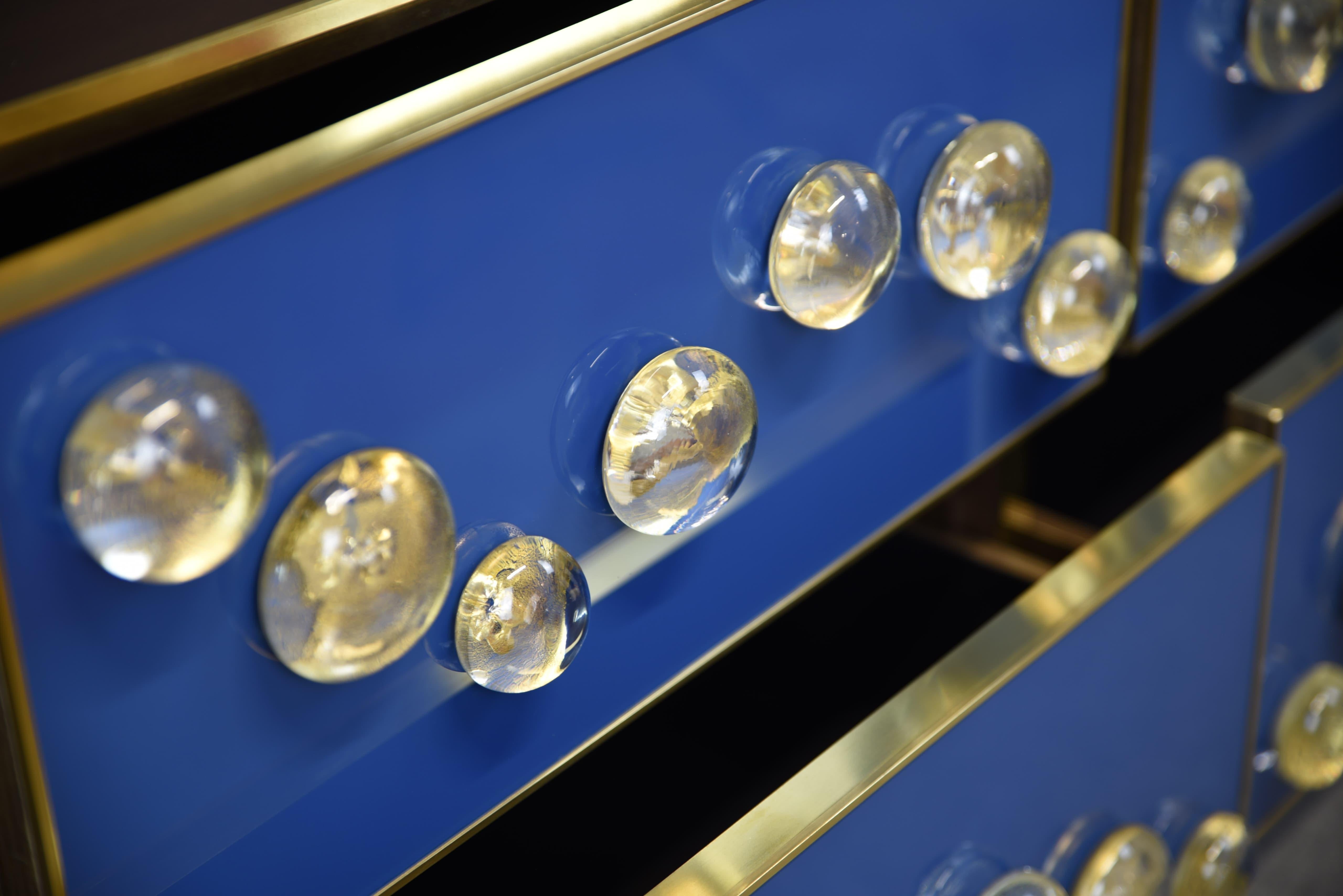 Italian Timeless Luxury: Blue Sideboard with 28 Murano Jewel & Brass Justfurnituress in vendita