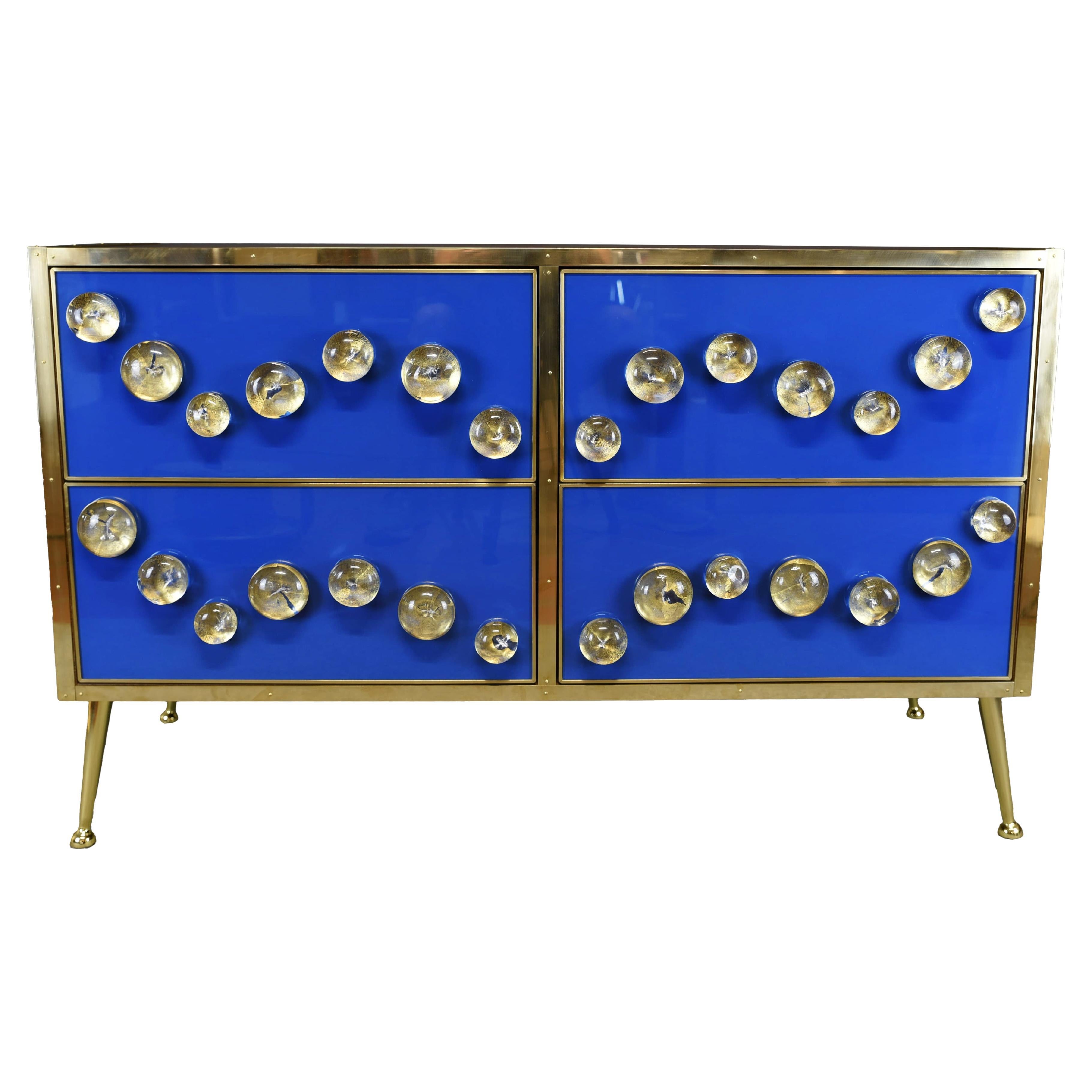 Timeless Luxury: Blue Sideboard with 28 Murano Jewel & Brass Justfurnituress