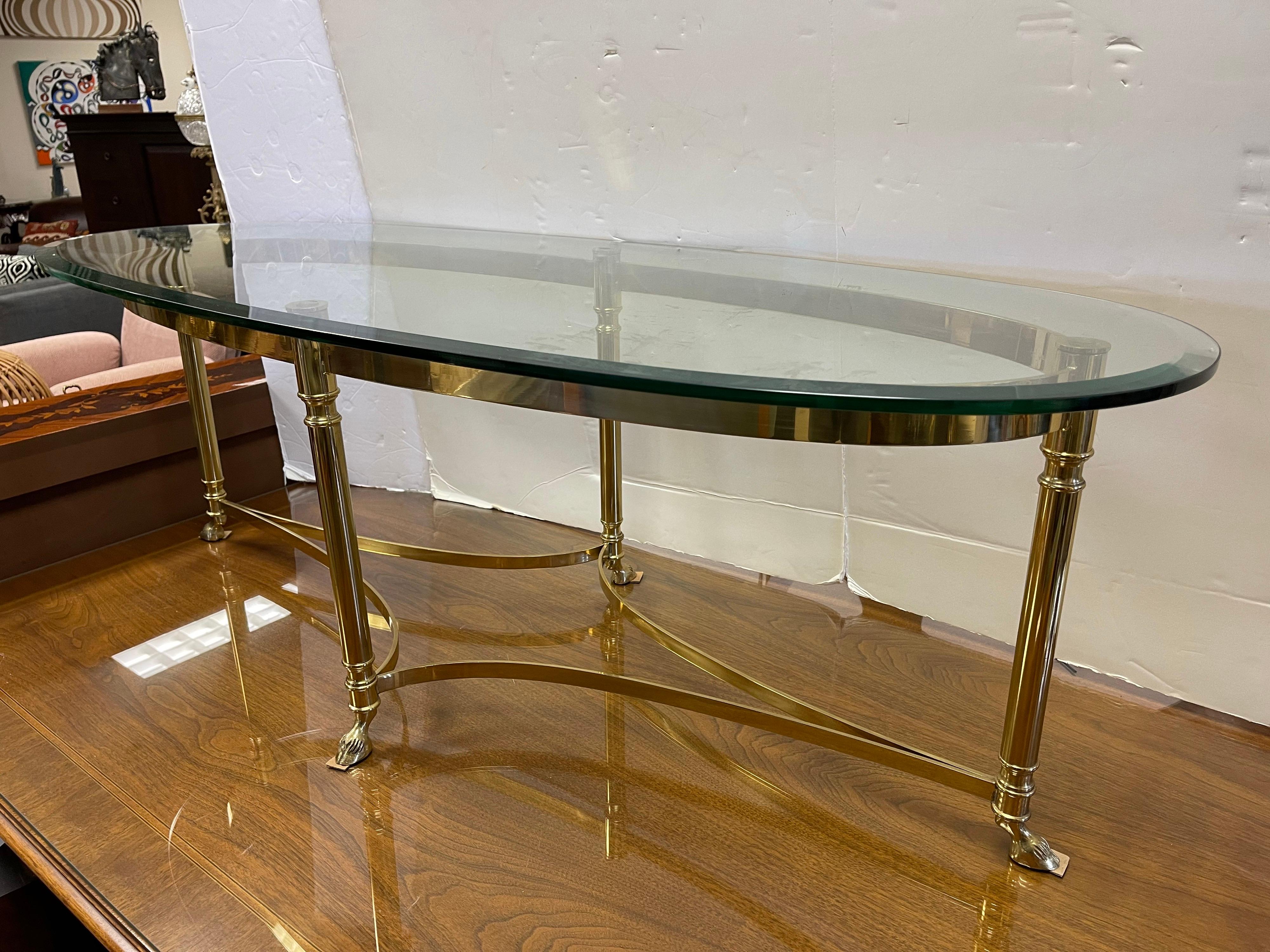 Timeless Maison Jansen Oval Brass and Glass Coffee Cocktail Table In Good Condition In West Hartford, CT