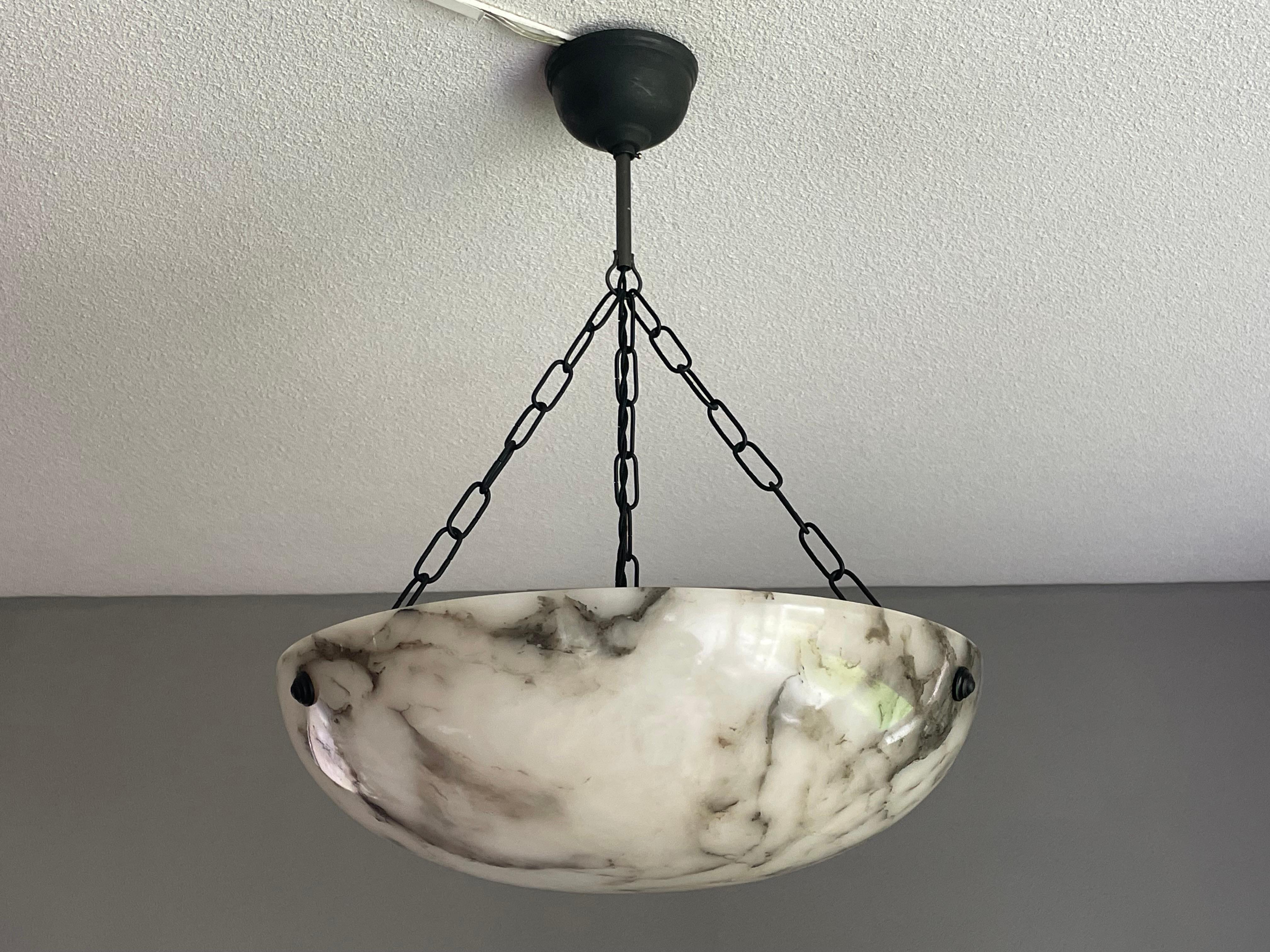 Art Deco Timeless Marble-Like White & Black Good Size Alabaster Pendant Flush Mount 1920