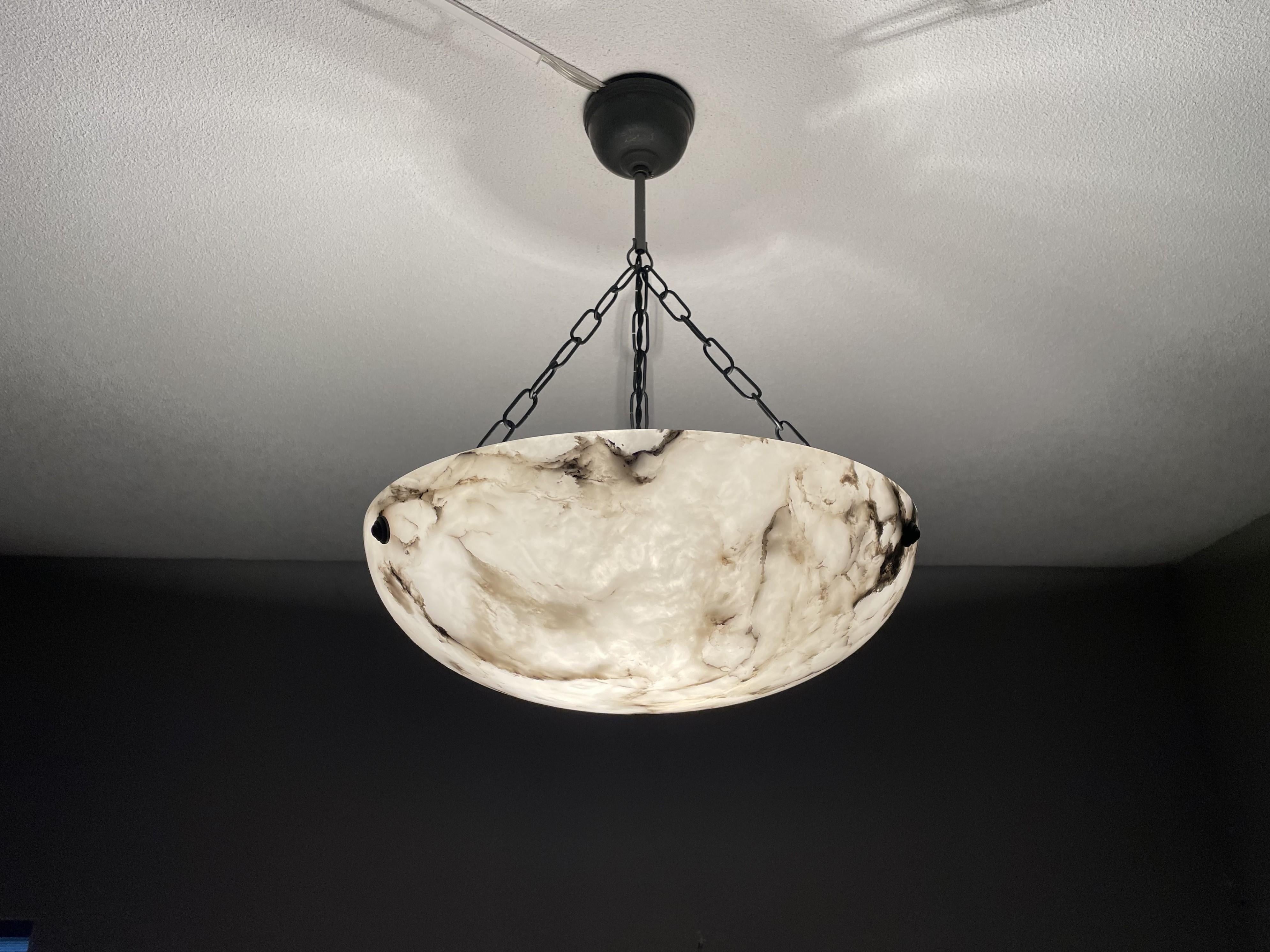 French Timeless Marble-Like White & Black Good Size Alabaster Pendant Flush Mount 1920