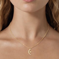 Diamond Crescent Moon 14K (or 18k upon request) Yellow Gold Star Necklace