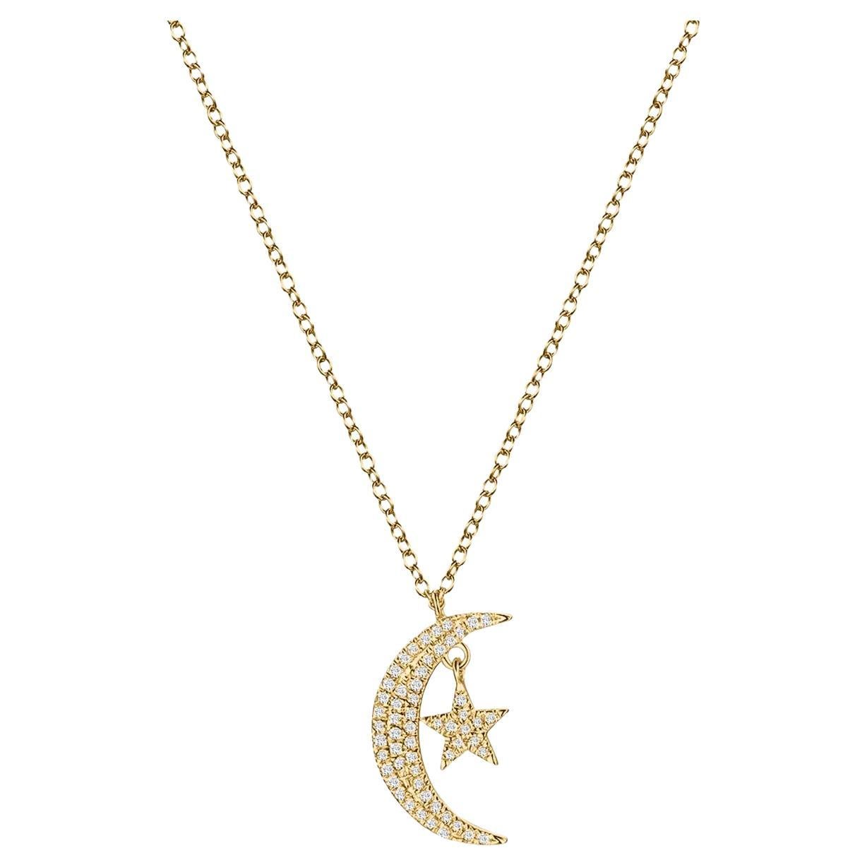Diamond Crescent Moon 14K Yellow Gold Star Necklace