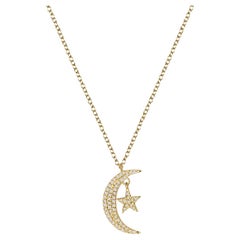 Diamond Crescent Moon 14K Yellow Gold Star Necklace