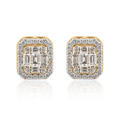 10K Yellow Gold Diamond Halo Stud Earrings 0.74 Carat Baguette Cluster