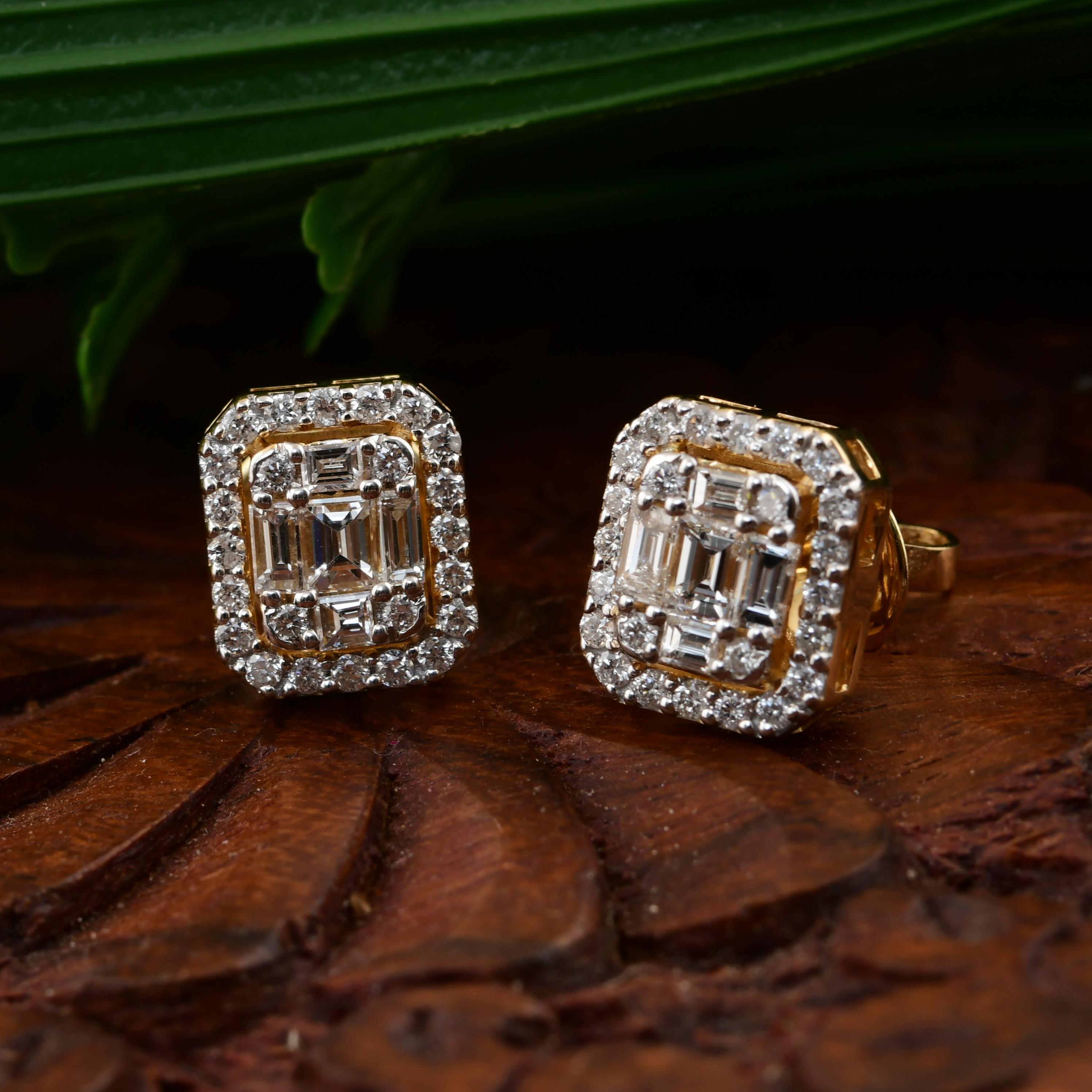 Moderne Boucles d'oreilles halo en or jaune 10K avec diamant naturel de 0,74 carat en vente