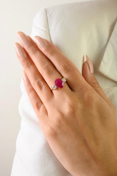 Timeless Natural 3.19Ct Oval Cut Ruby & Diamond Three Stone Ring 14K Yellow Gold