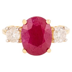Timeless Natural 3.19Ct Oval Cut Ruby & Diamond Three Stone Ring 14K Yellow Gold