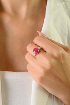 Timeless Natural 3.19Ct Oval Cut Ruby & Diamond Three Stone Ring 18K Yellow Gold