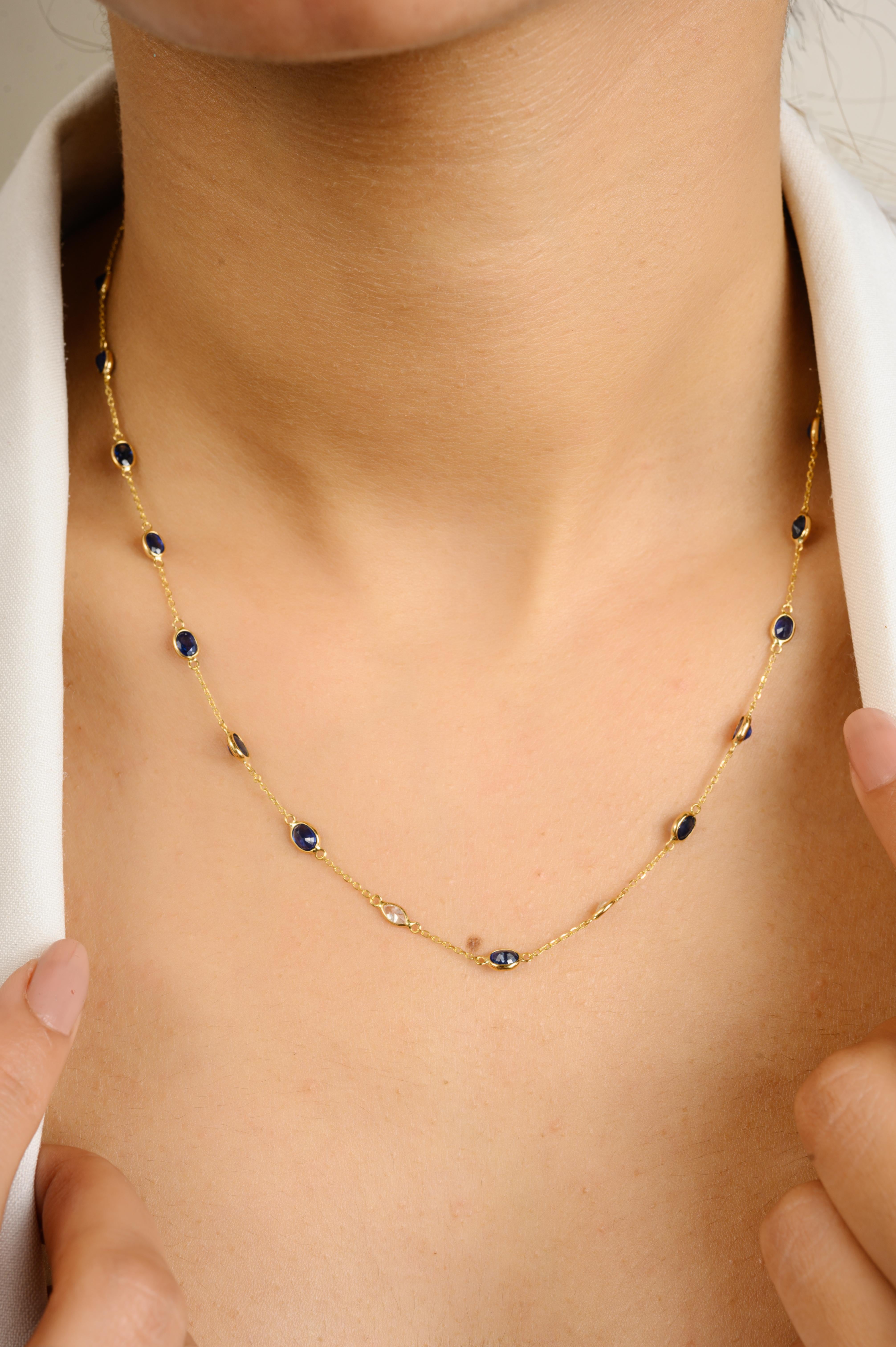 Timeless Natural 4.29ct Blue Sapphire Diamond Chain Necklace in 18k Yellow Gold studded with oval cut blue sapphire and marquise cut diamond. This stunning piece of jewelry instantly elevates a casual look or dressy outfit. 
Sapphire stimulate