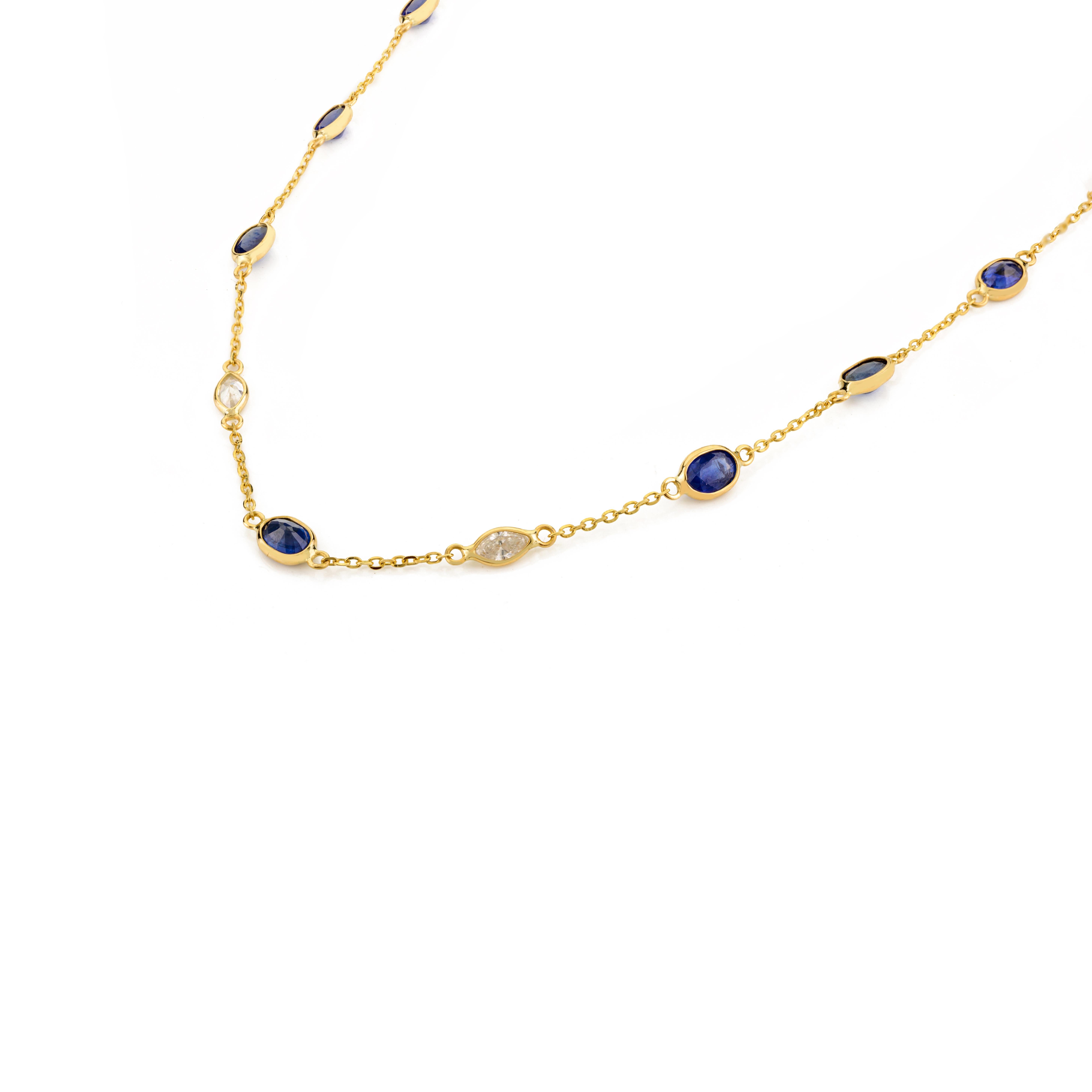 Art Deco Timeless Natural 4.29ct Blue Sapphire Diamond Chain Necklace in 18k Yellow Gold For Sale