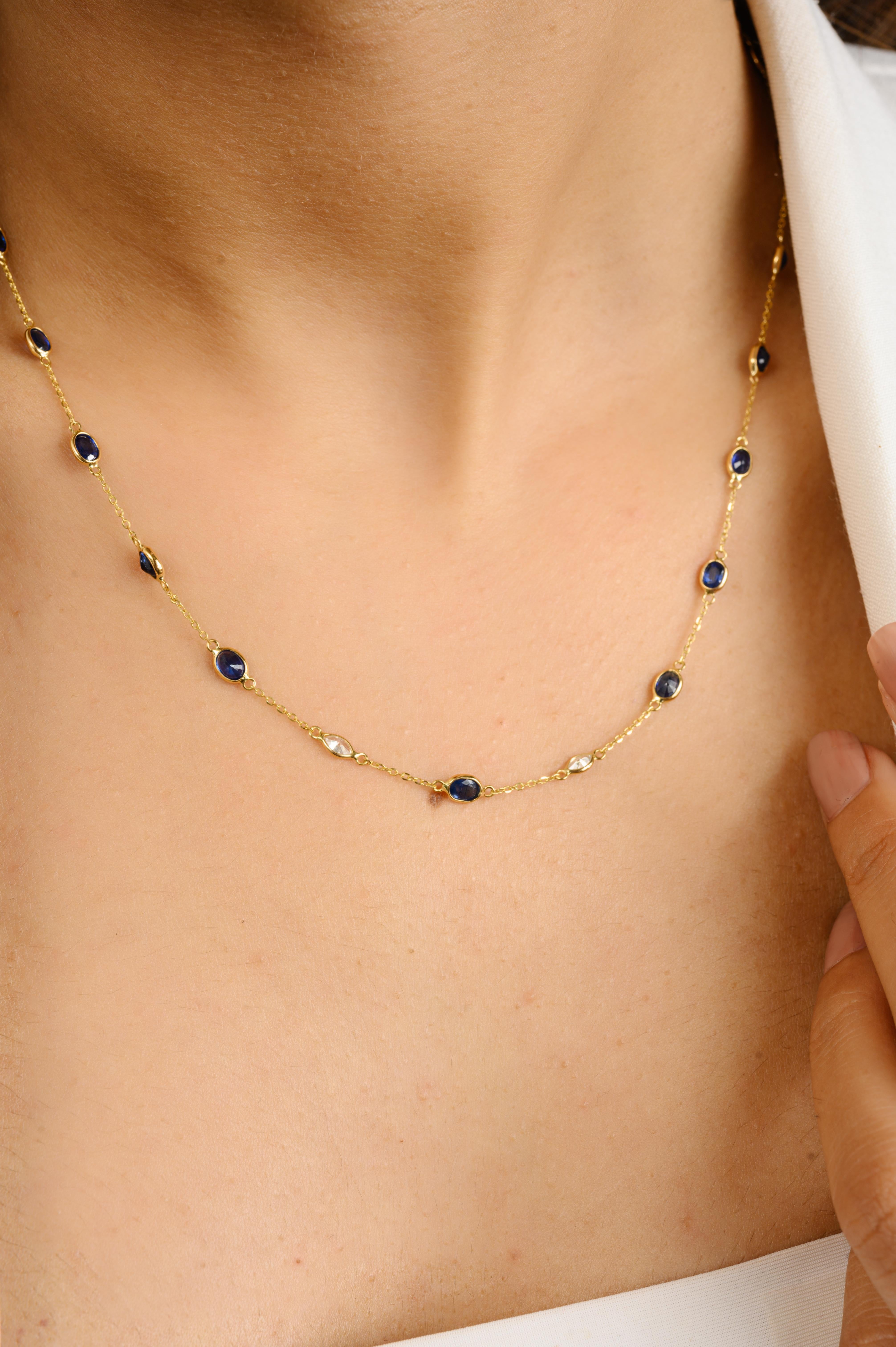 Oval Cut Timeless Natural 4.29ct Blue Sapphire Diamond Chain Necklace in 18k Yellow Gold For Sale