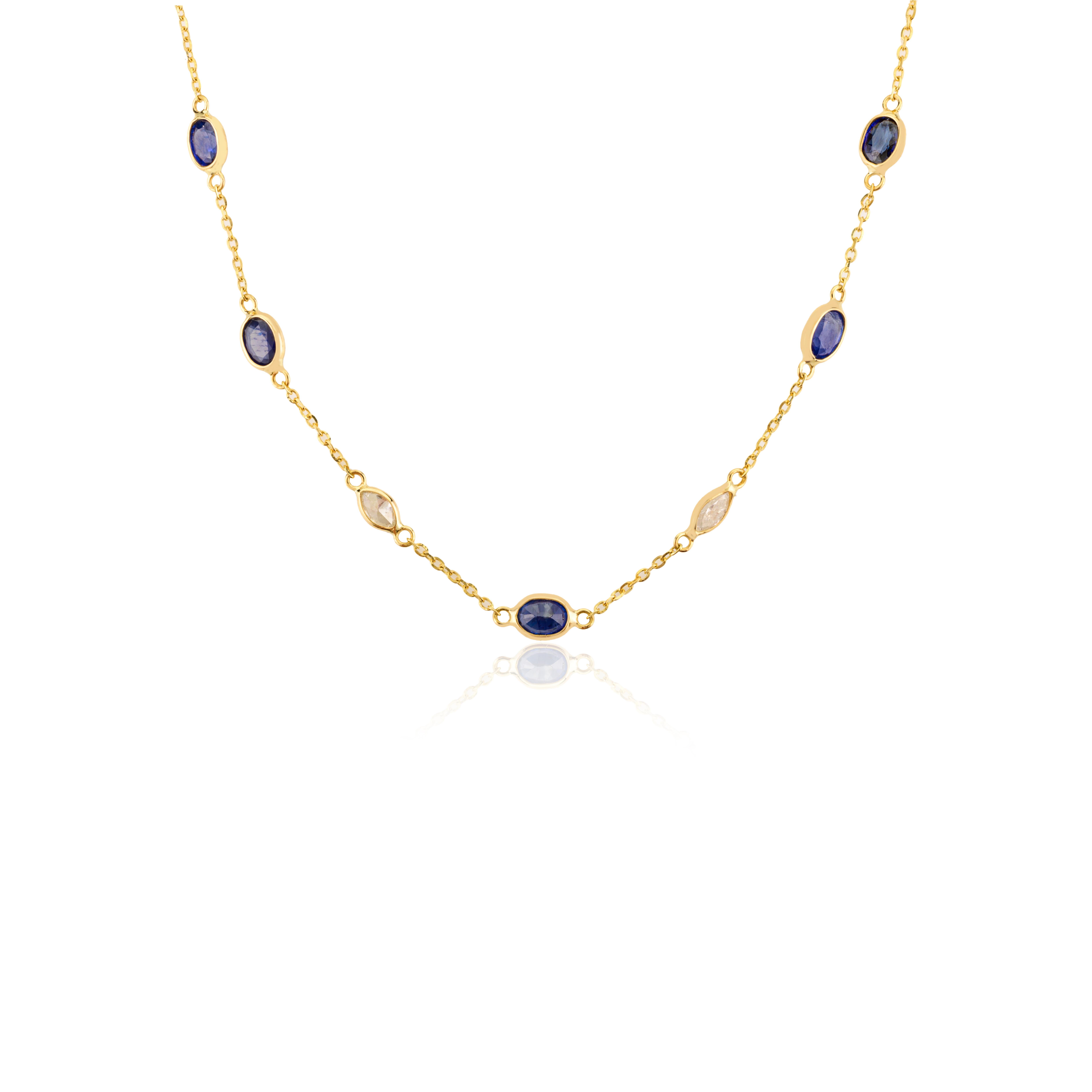 Timeless Natural 4.29ct Blue Sapphire Diamond Chain Necklace in 18k Yellow Gold In New Condition For Sale In New York, NY
