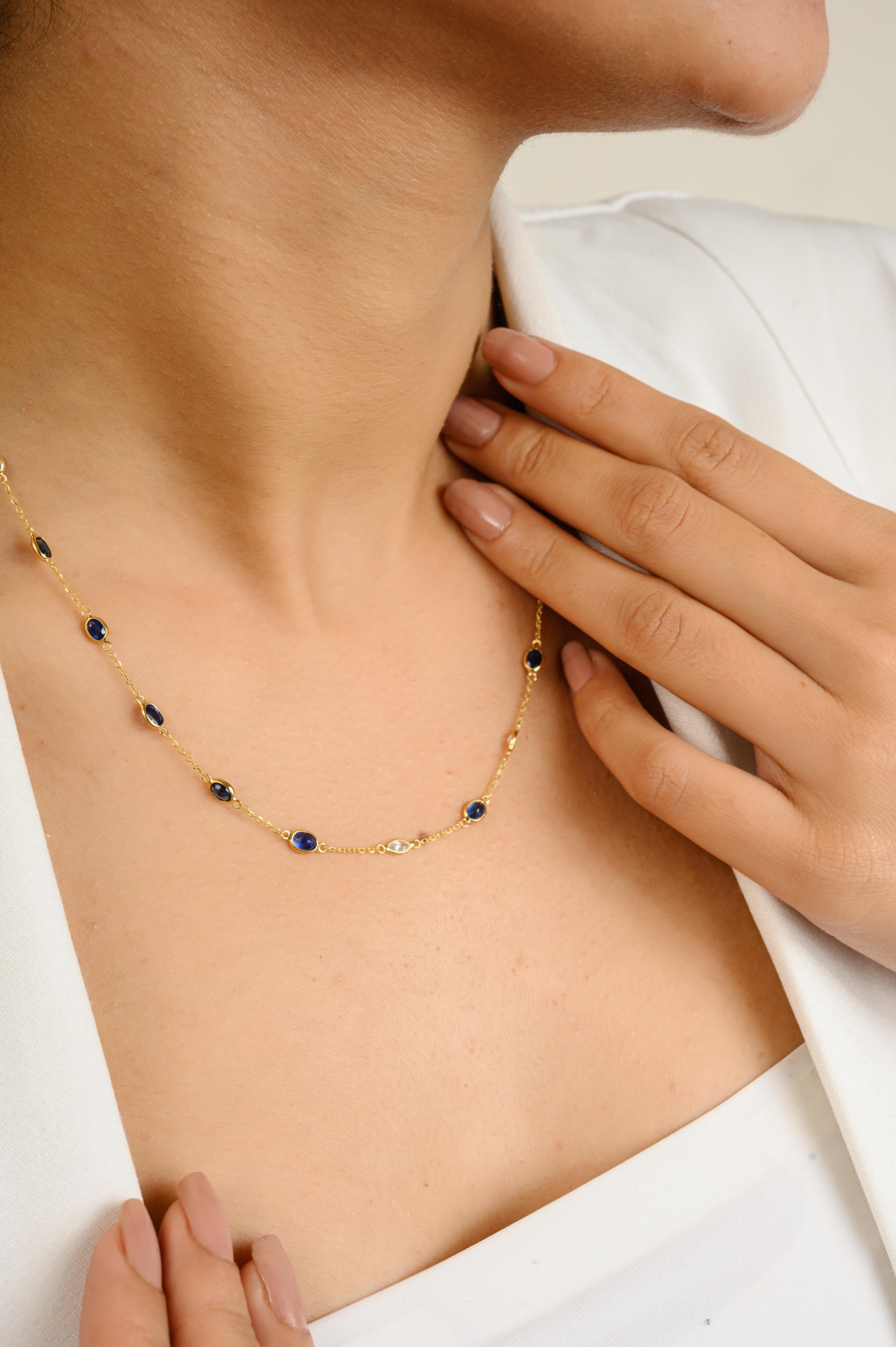 Women's Timeless Natural 4.29ct Blue Sapphire Diamond Chain Necklace in 18k Yellow Gold For Sale