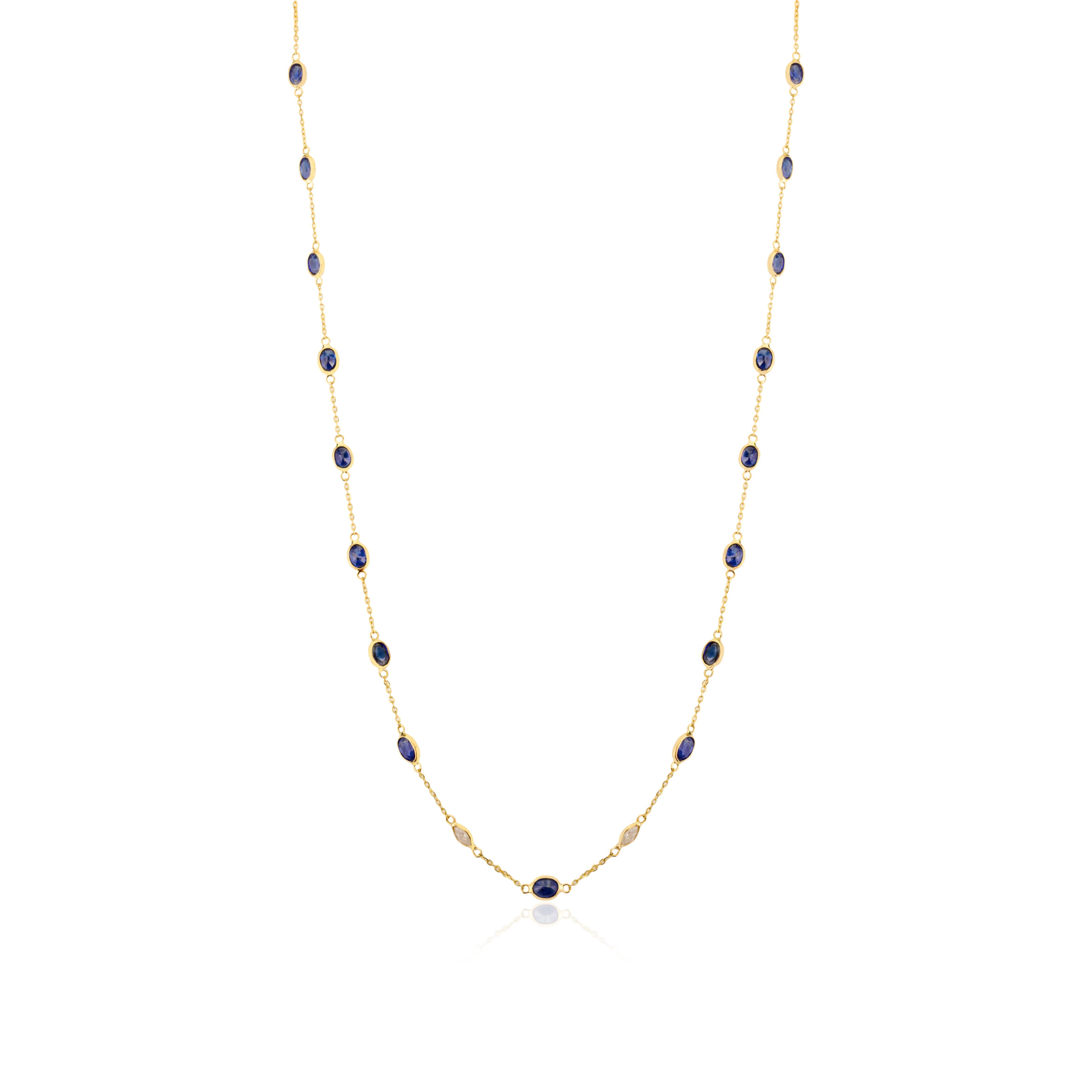 Timeless Natural 4.29ct Blue Sapphire Diamond Chain Necklace in 18k Yellow Gold For Sale 1
