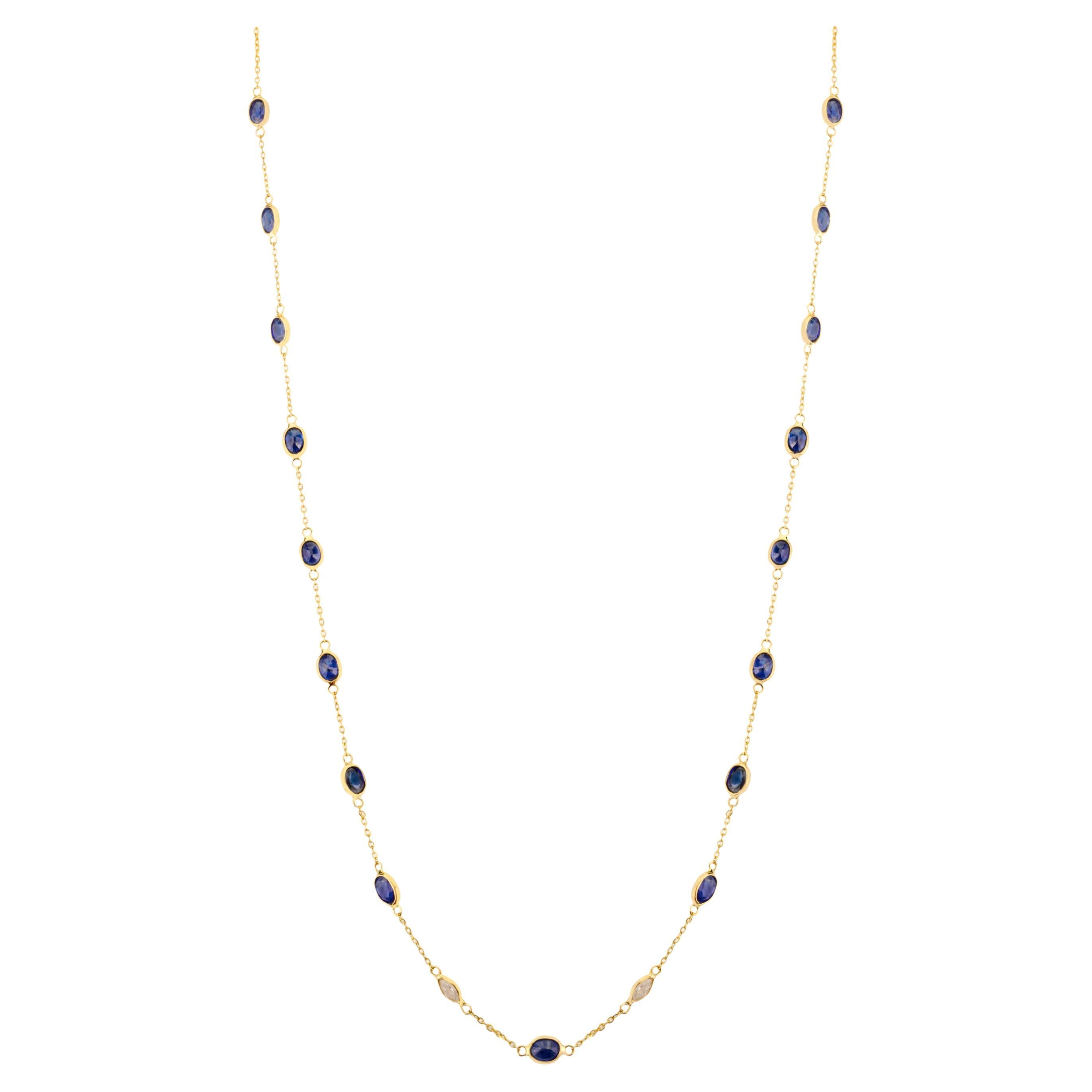 Timeless Natural 4.29ct Blue Sapphire Diamond Chain Necklace in 18k Yellow Gold For Sale