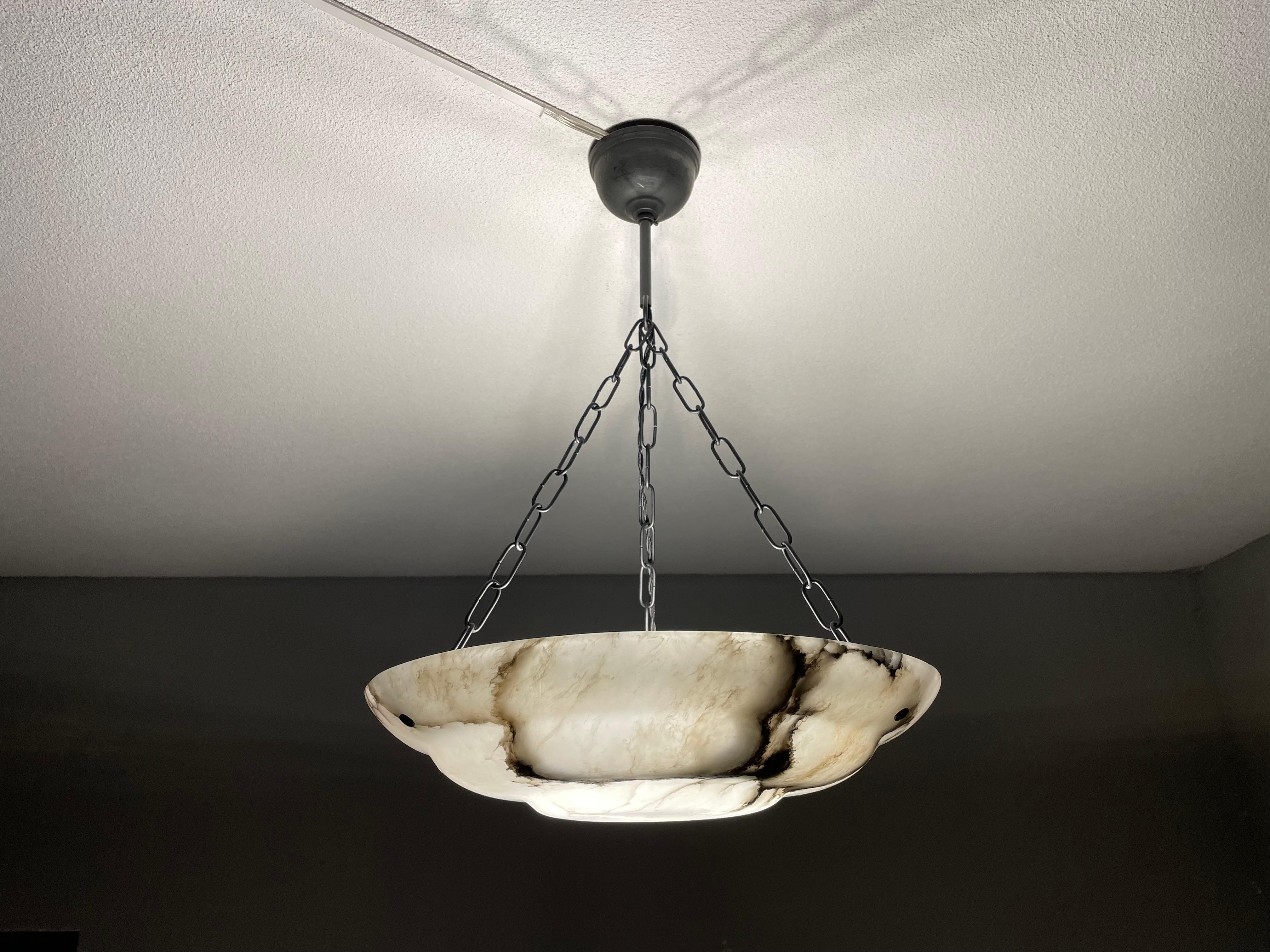 Timeless & Near Mint White & Black Antique Alabaster Pendant Chandelier 1920 For Sale 11